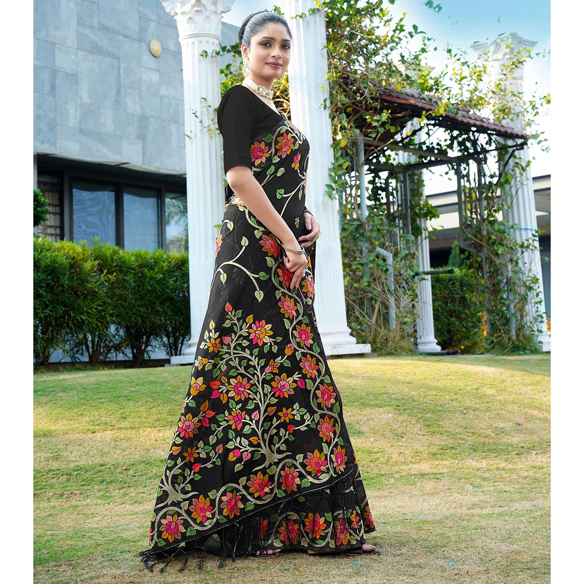 Black Floral Woven Cotton Silk Saree With Tassels