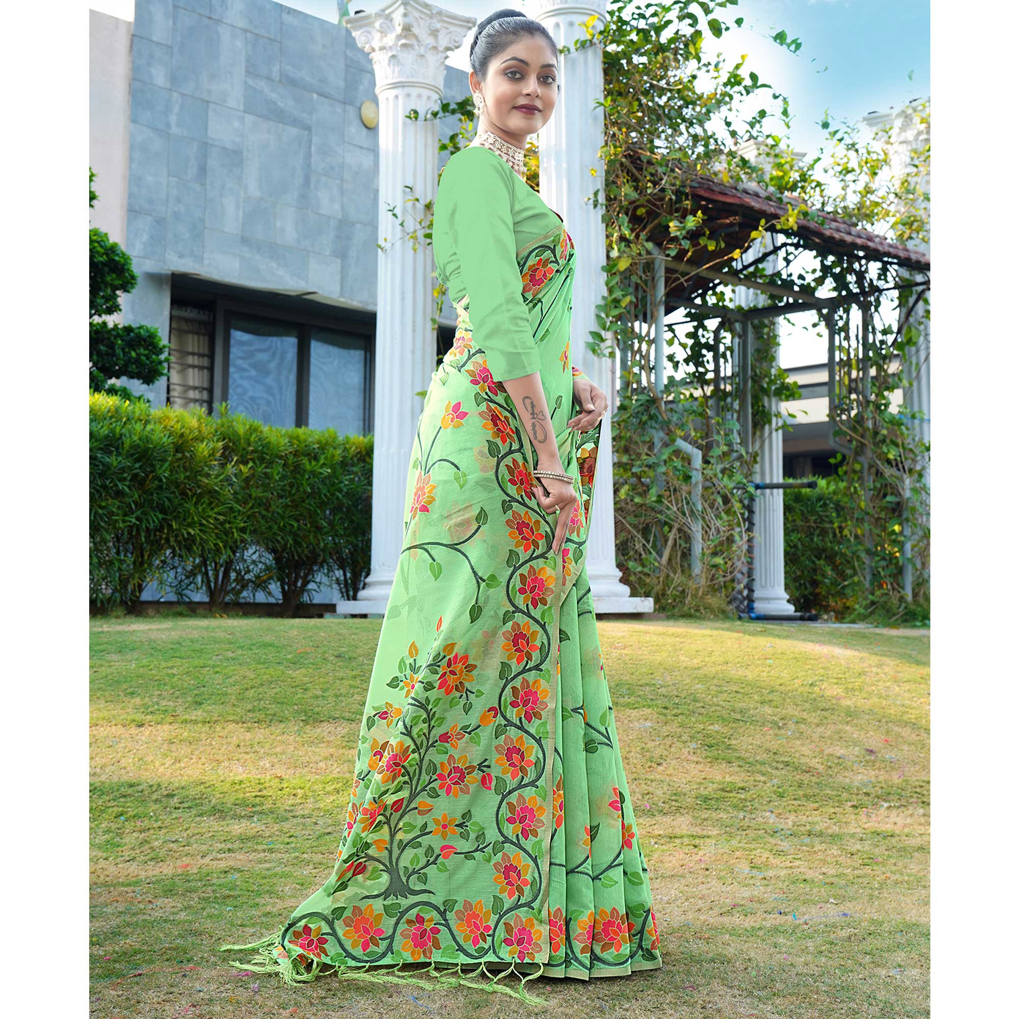 Green Floral Woven Cotton Silk Saree With Tassels