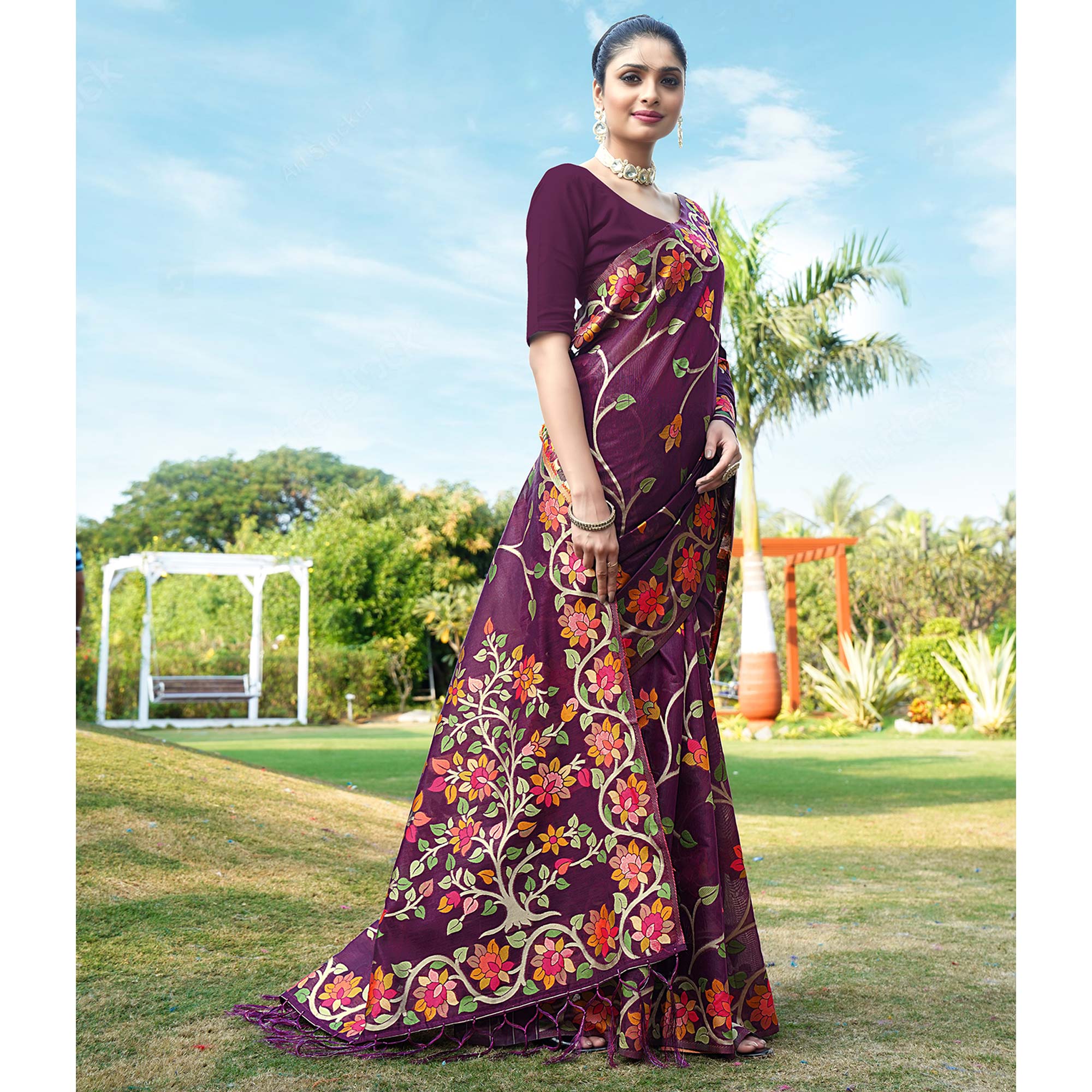 Purple Floral Woven Cotton Silk Saree With Tassels