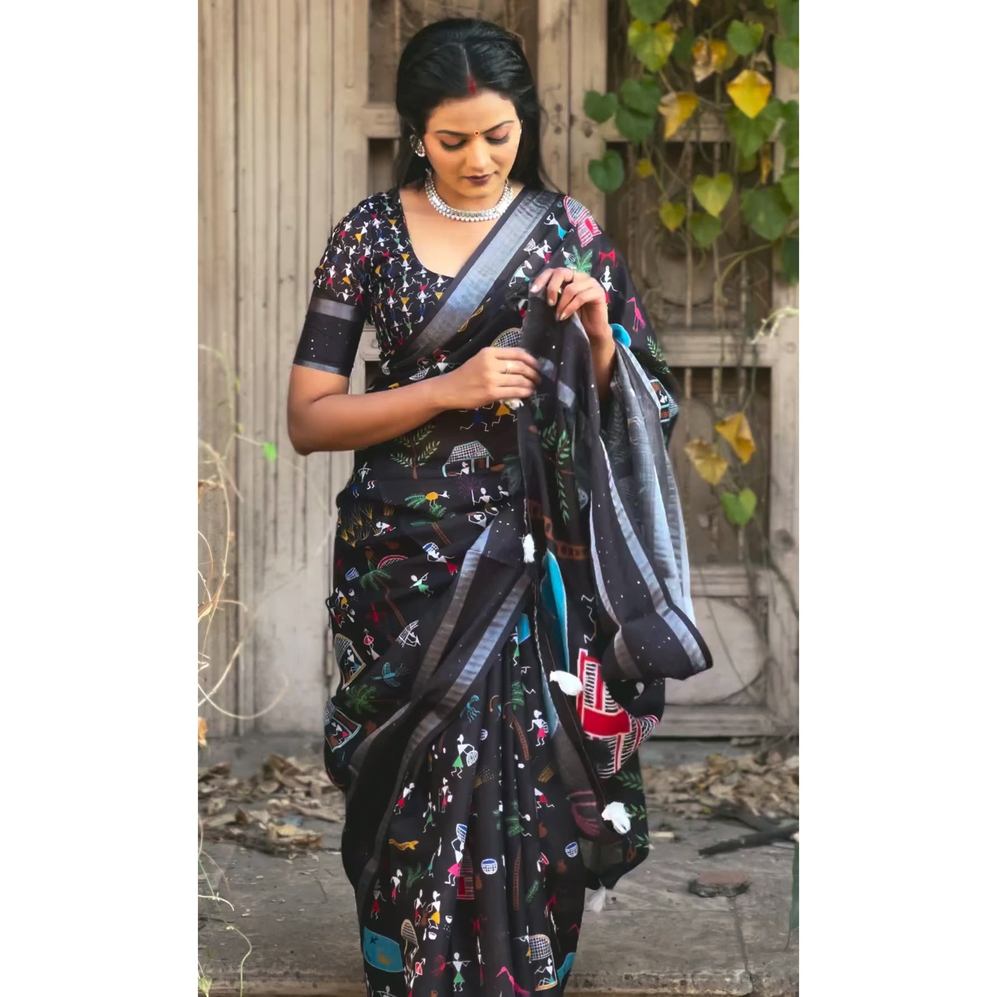 Black Warli Printed Dola Silk Saree