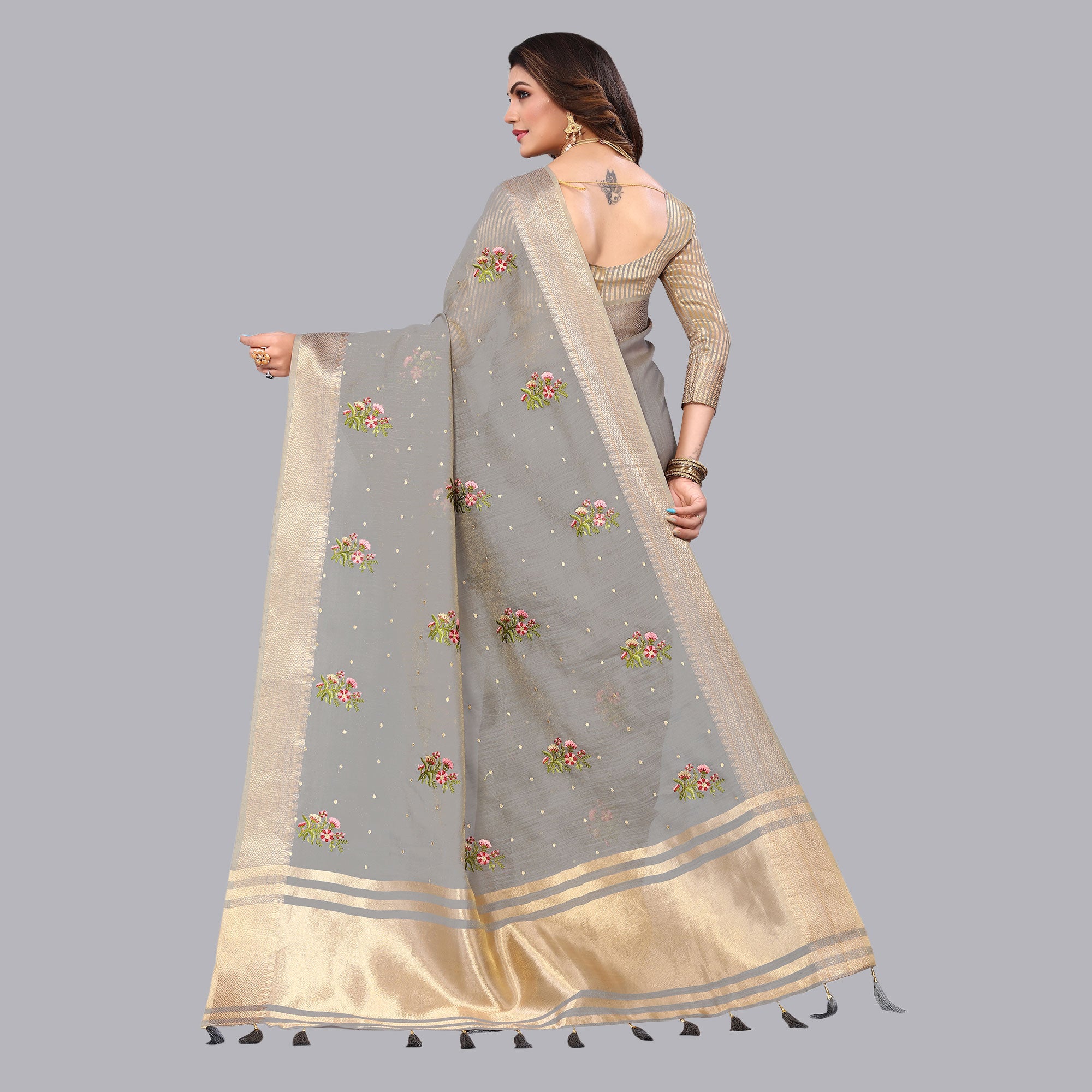 Grey Floral Embroidered Cotton Silk Saree With Zari Border