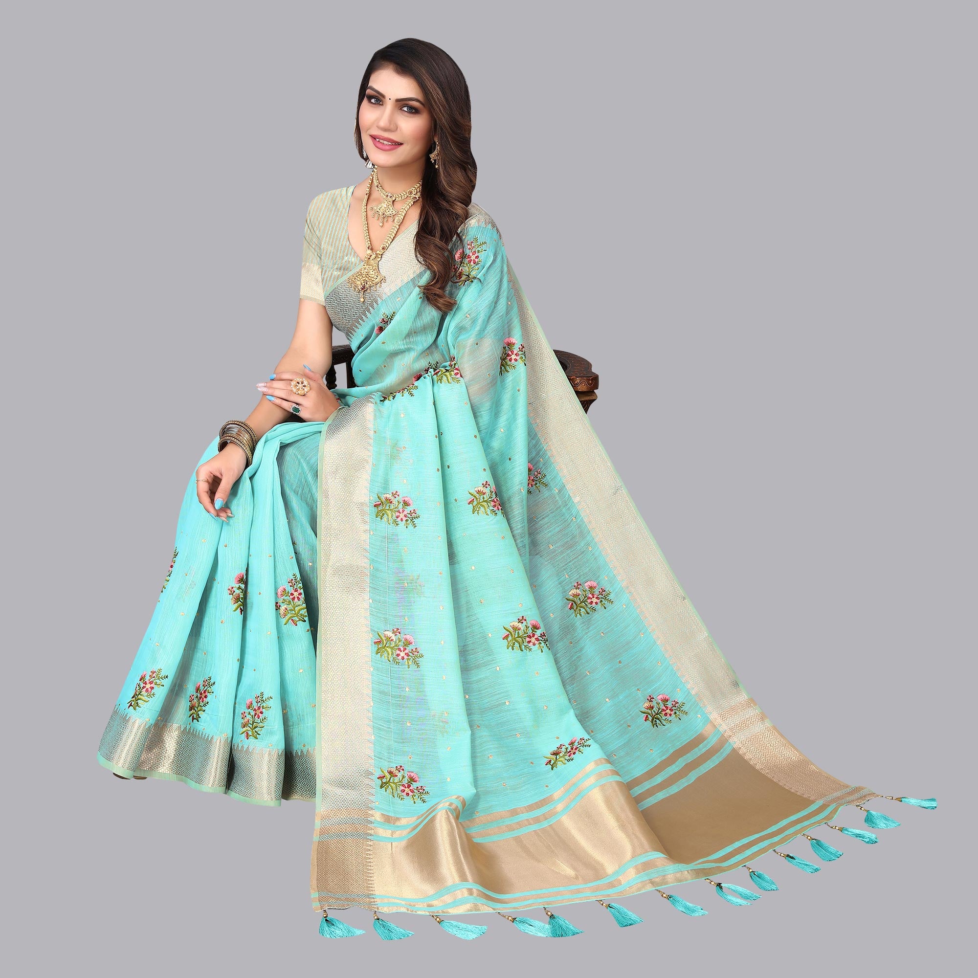 Sky Blue Floral Embroidered Cotton Silk Saree With Zari Border