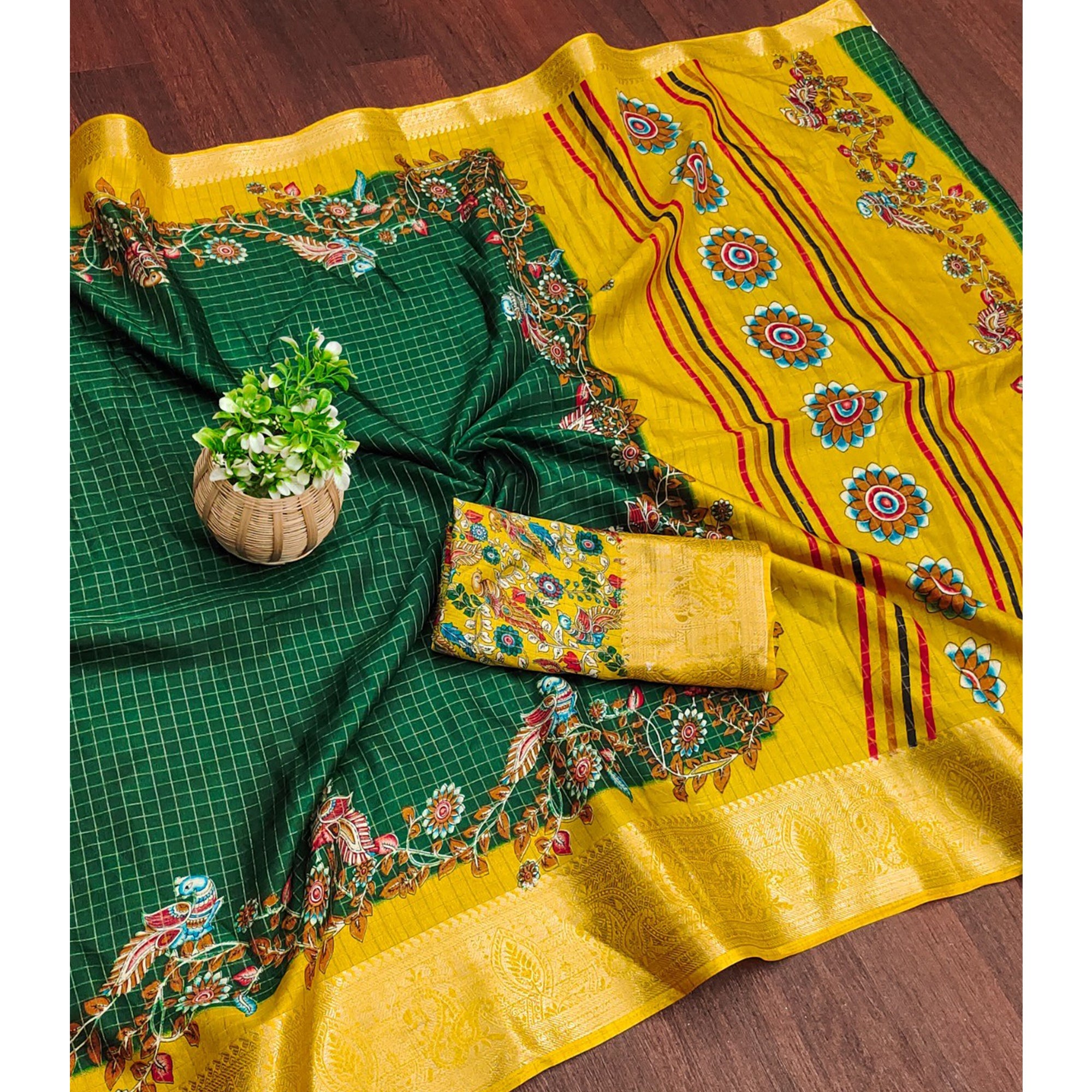 Sophisticated Green Checks & Peacock Design Saree Crafted In Dola Silk With Weaving Jacquard Border
