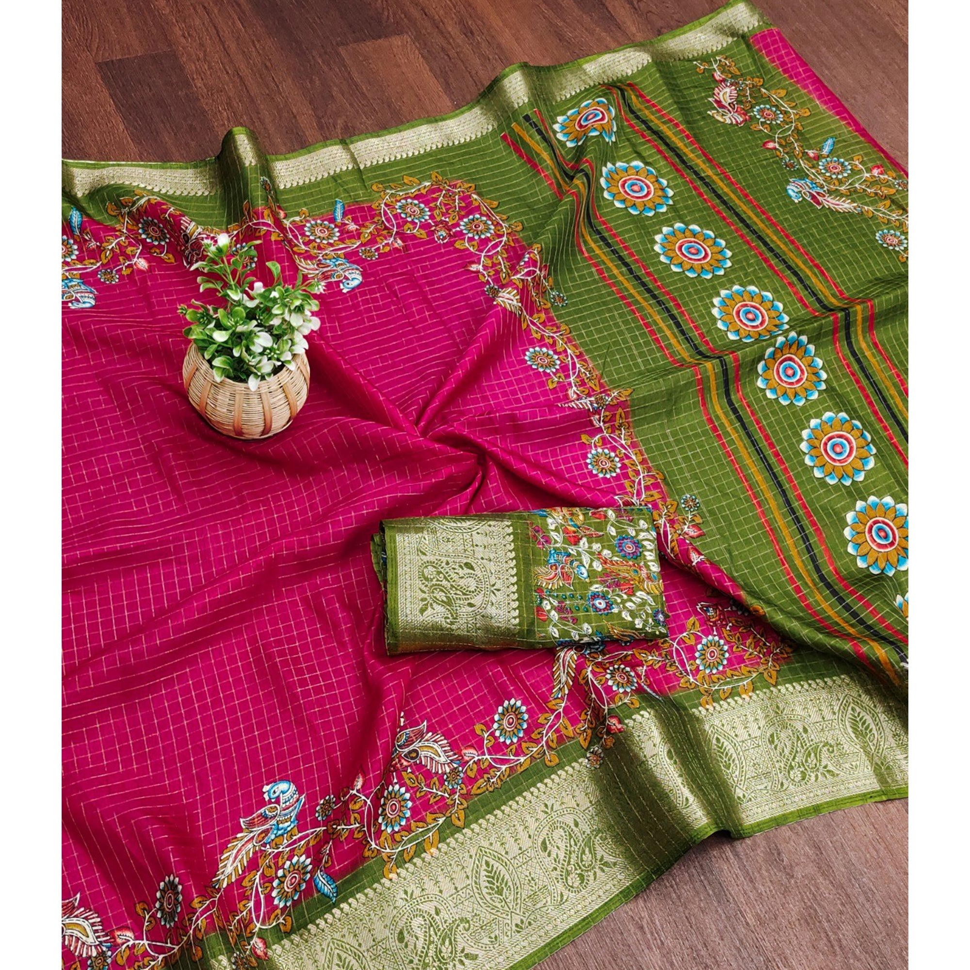 Sophisticated Pink Checks & Peacock Design Saree Crafted In Dola Silk With Weaving Jacquard Border
