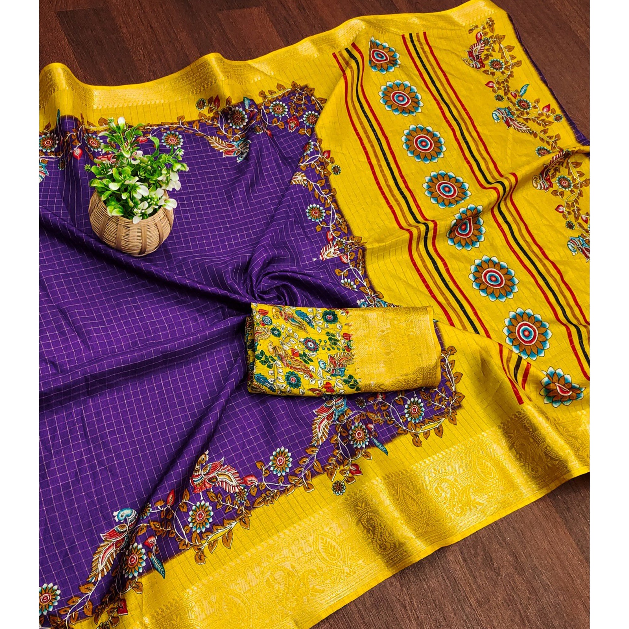 Sophisticated Purple Checks & Peacock Design Saree Crafted In Dola Silk With Weaving Jacquard Border