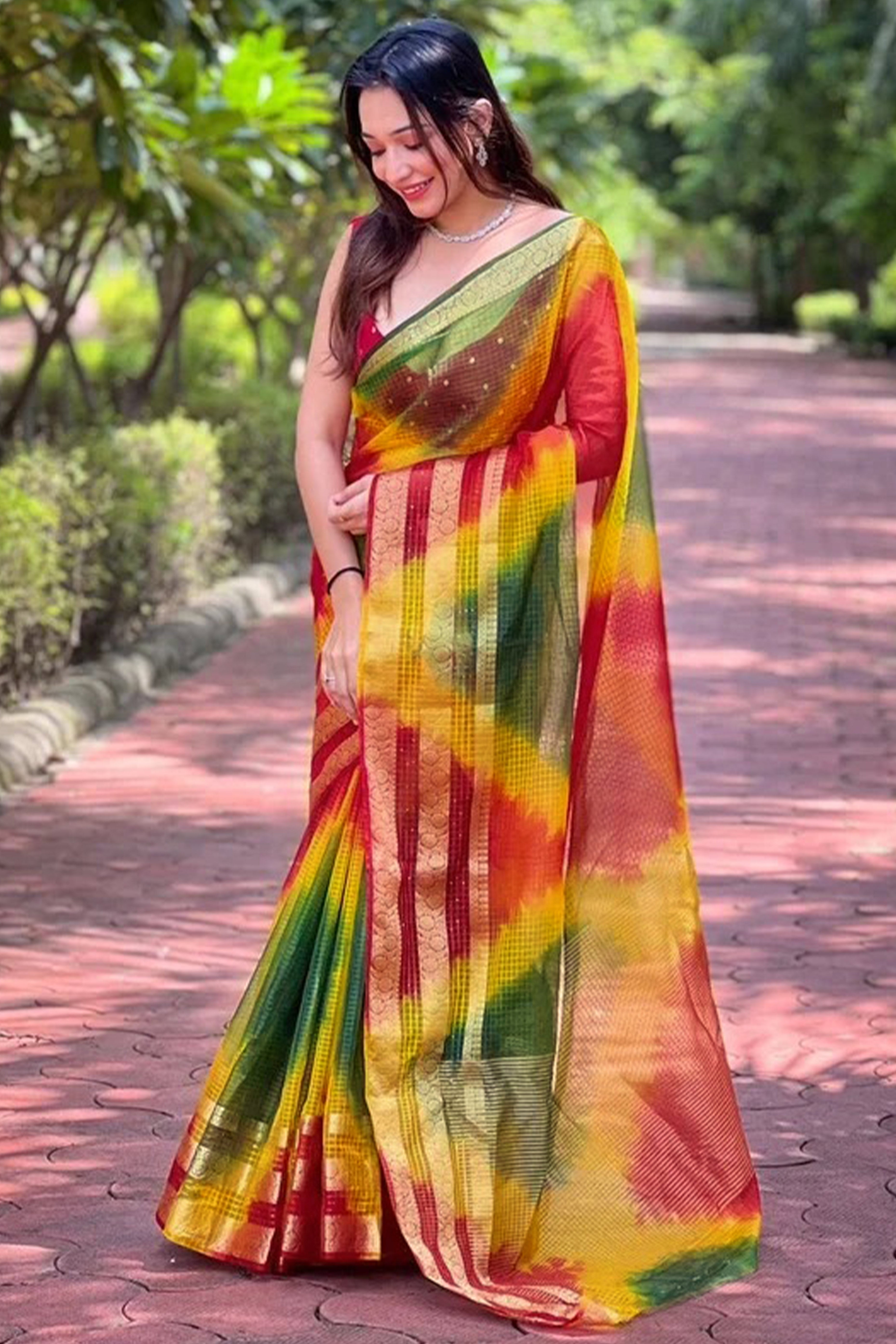 Classic Yellow & Red Kerala Inspired Checked Weaving Organza Saree