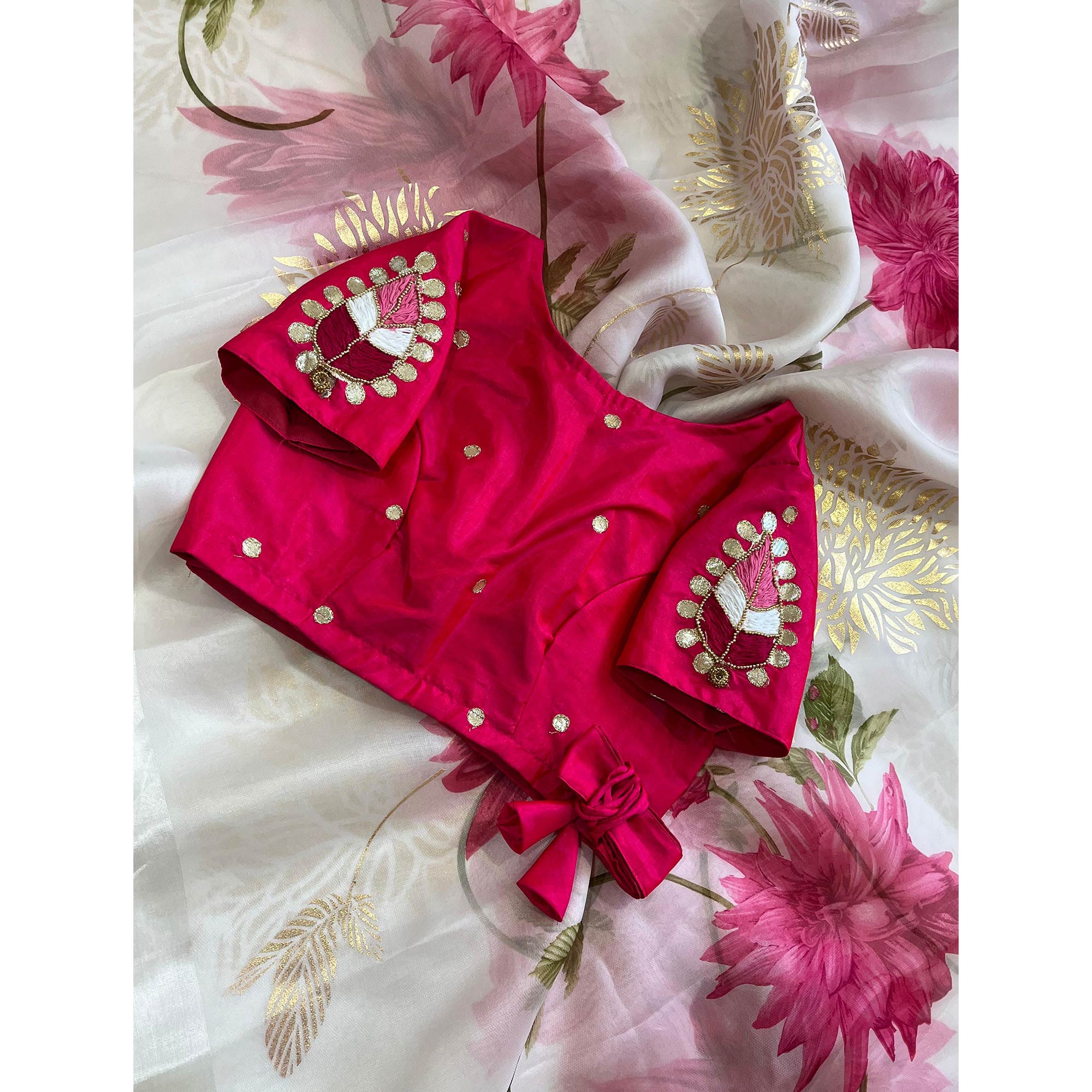 White Floral Foil Printed Organza Saree