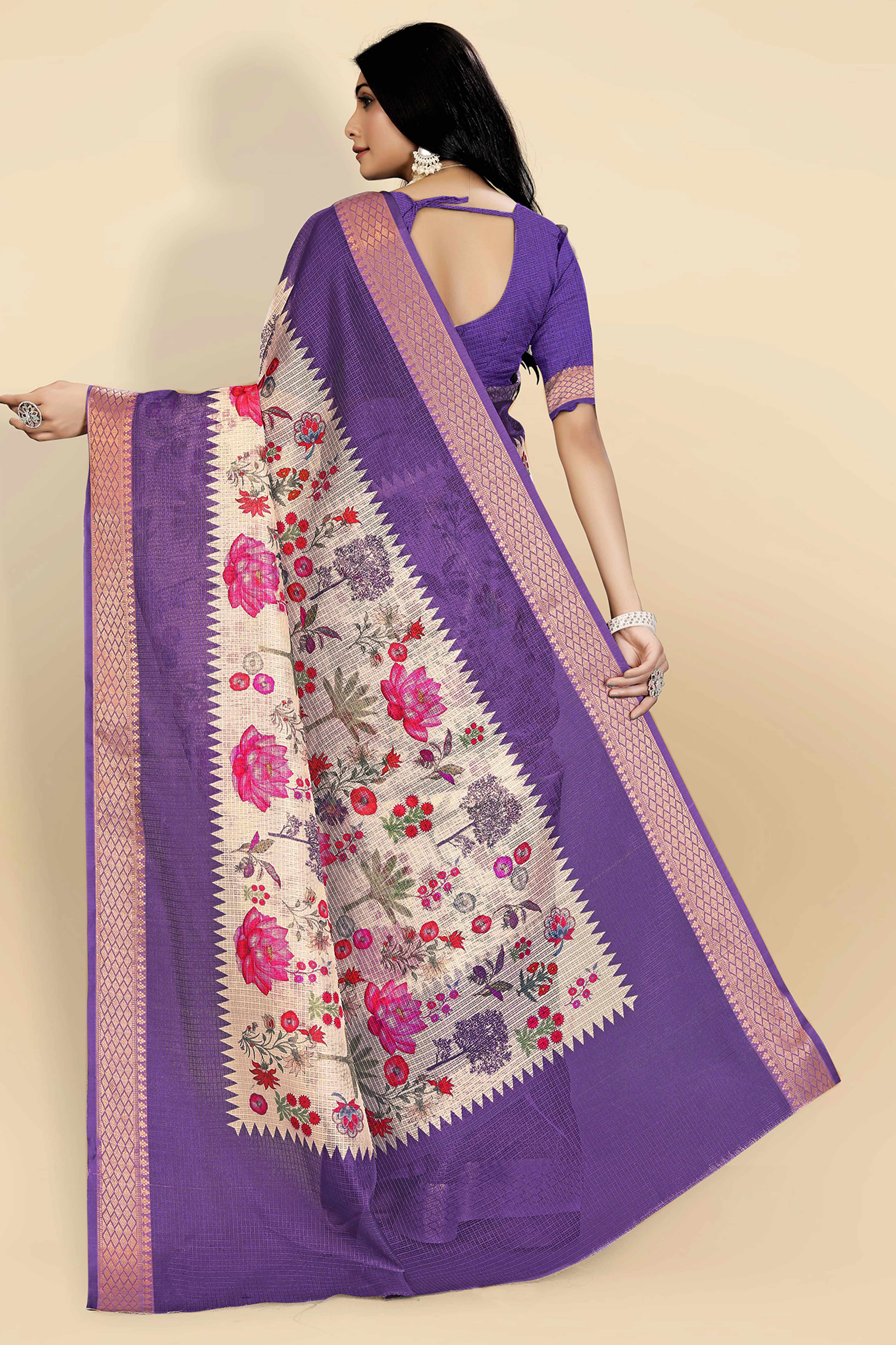 White Kota Doria Saree with Soft Floral Prints and Subtle Zari Border Finish