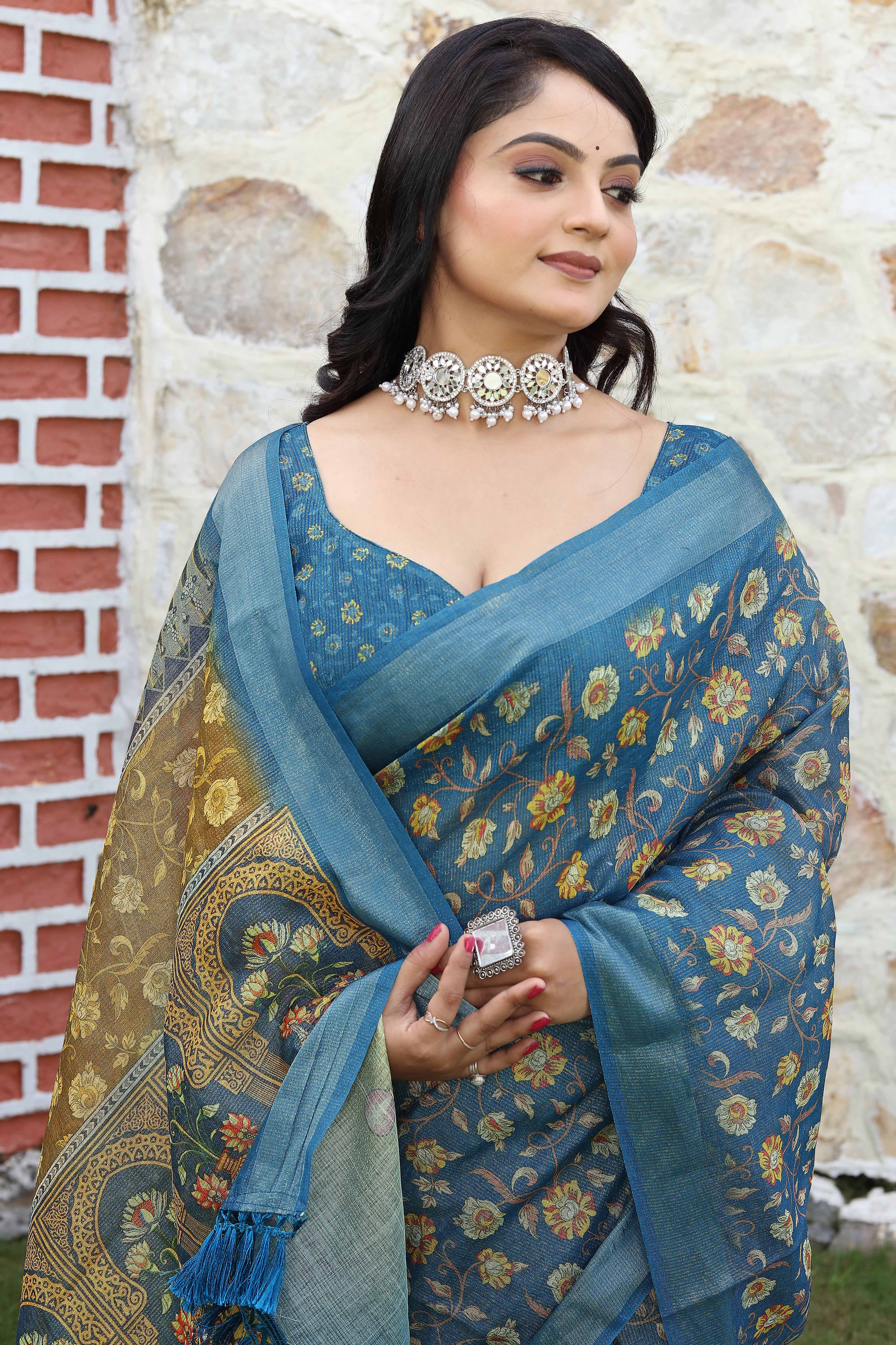 Beautiful Teal Tissue Handloom Saree with Detailed Digital Floral Embellishments