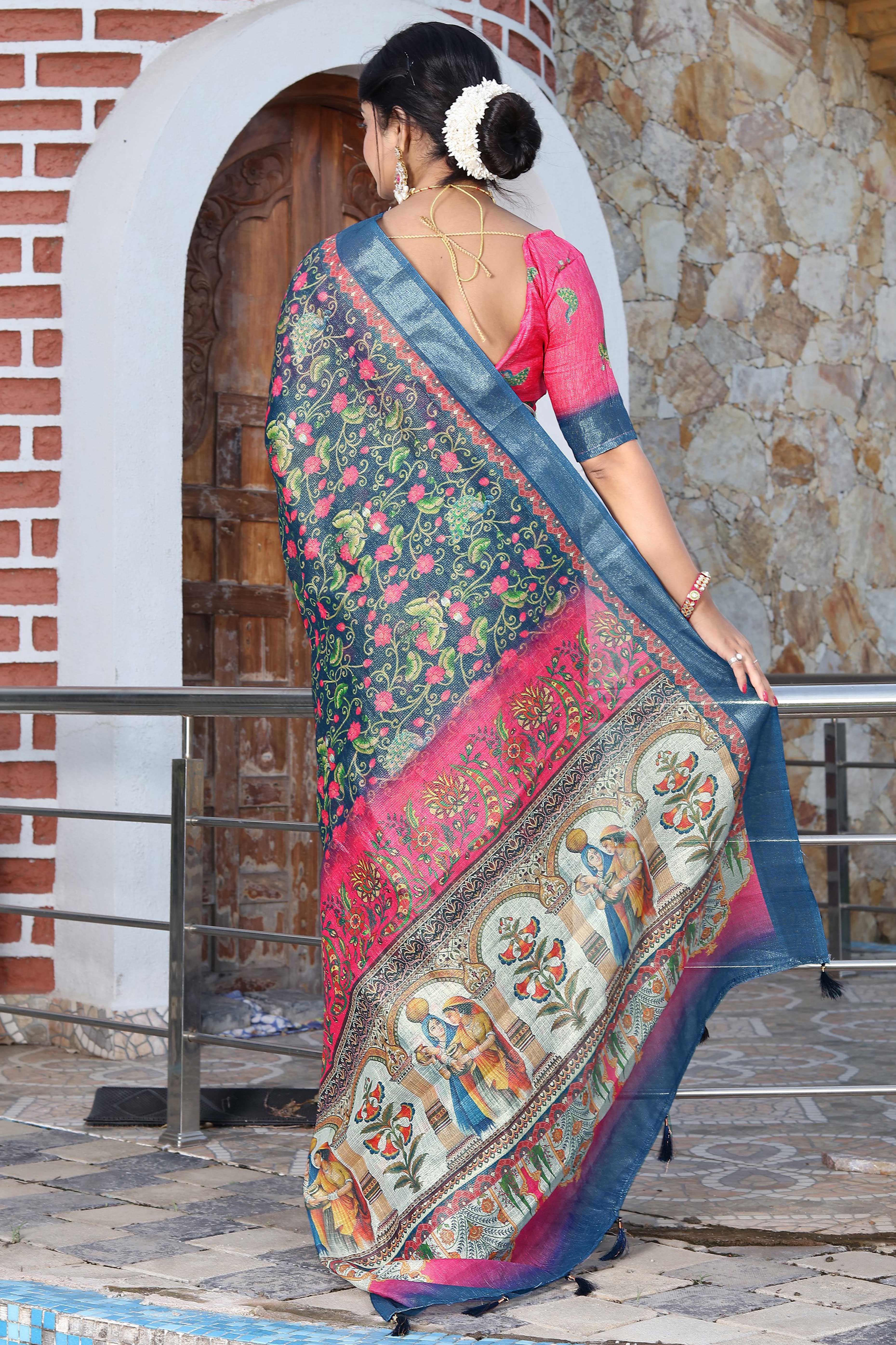 Beautiful Blue Tissue Handloom Saree with Digital Floral Embellishments