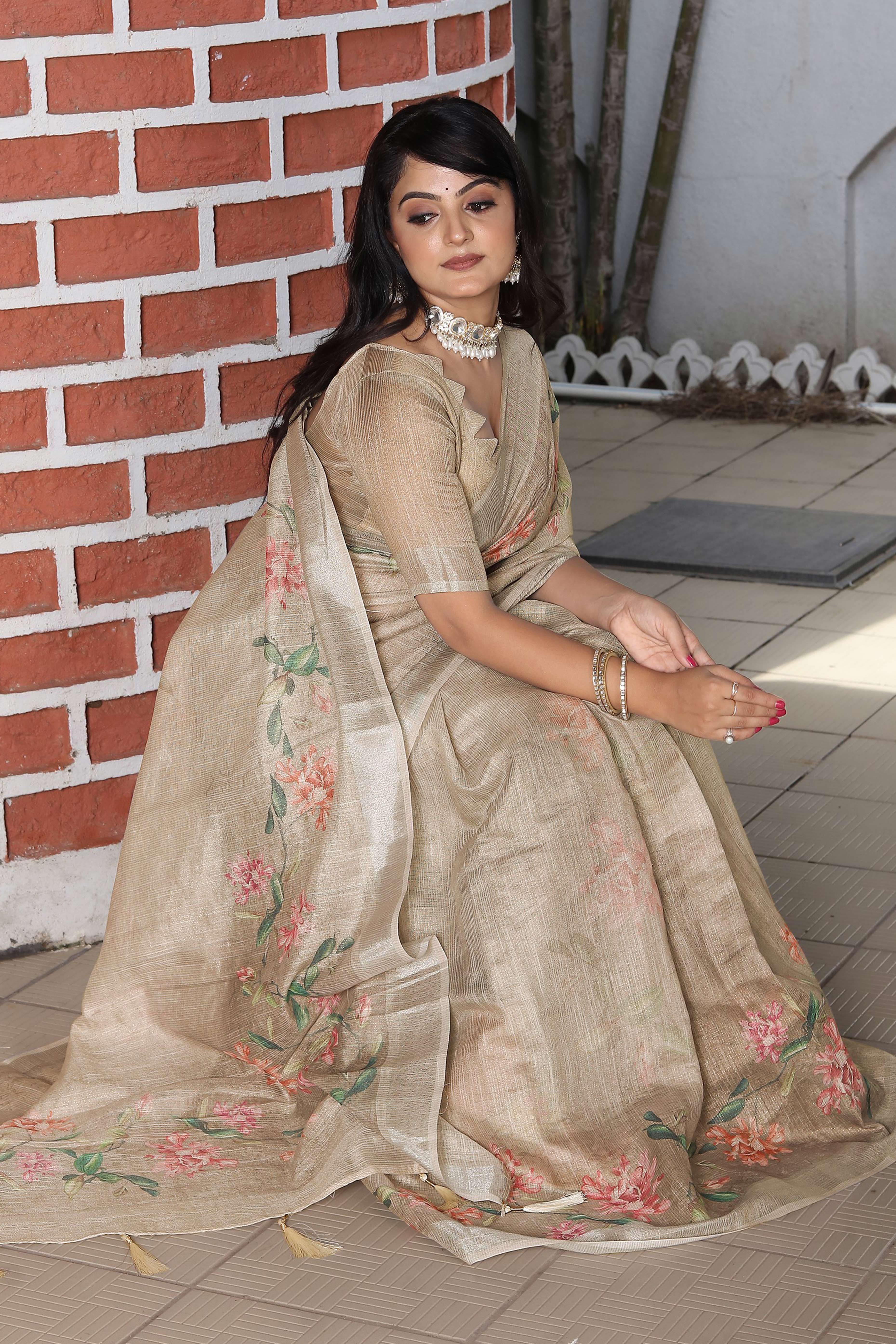 Beautiful Beige Tissue Handloom Saree with Digital Floral Embellishments