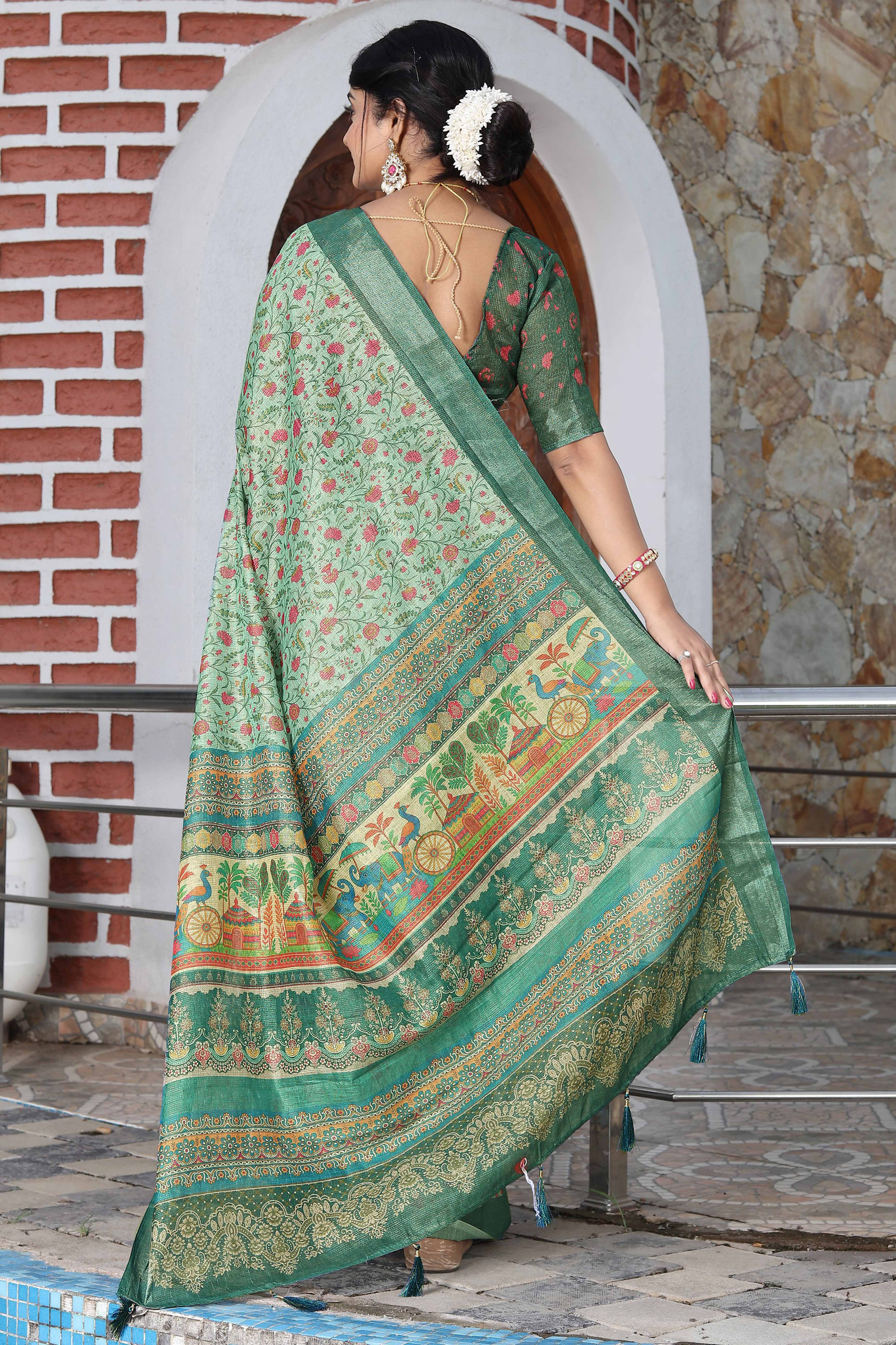 Beautiful Mint Green Tissue Handloom Saree with Digital Floral Embellishments