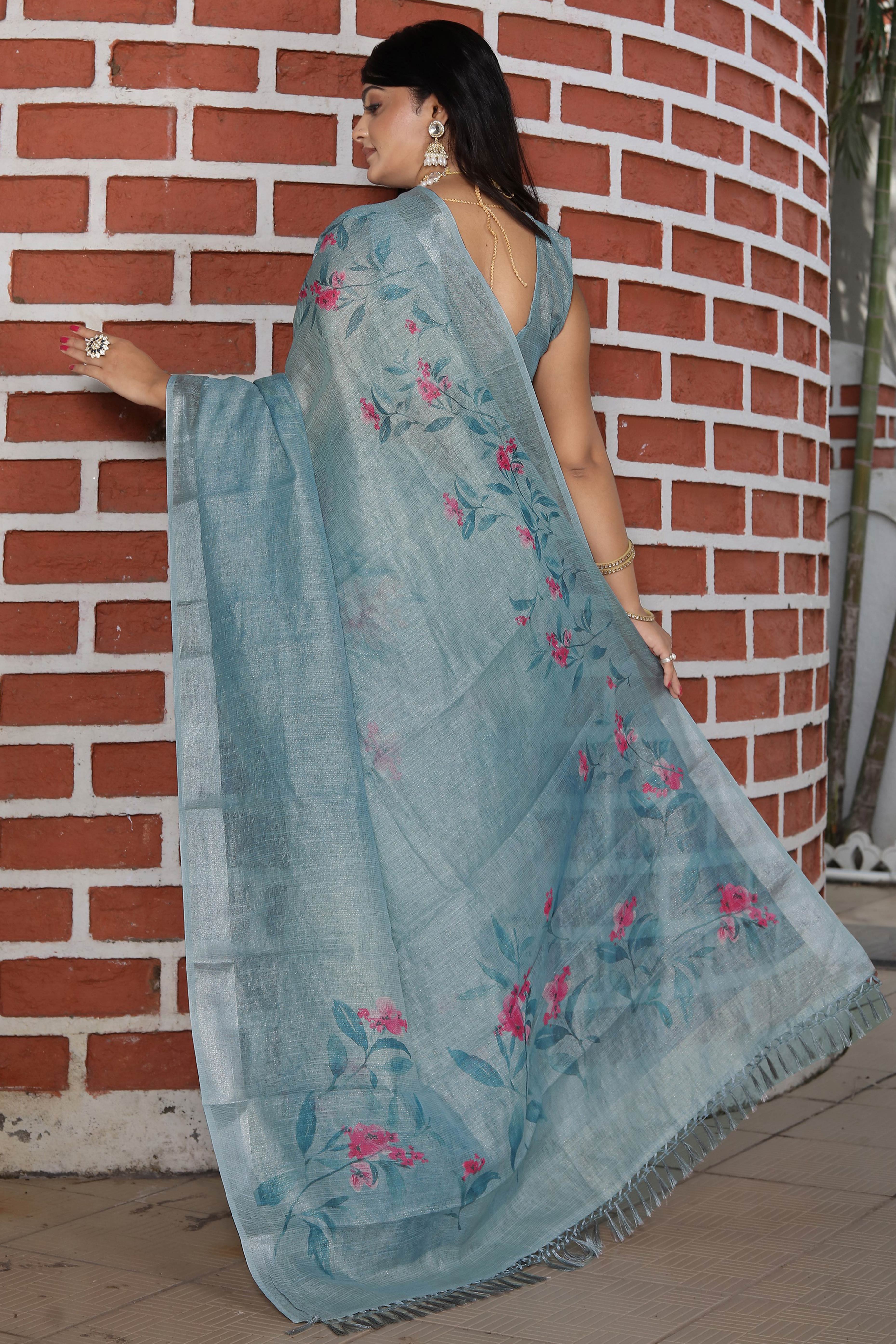 Beautiful Sky Blue Tissue Handloom Saree with Digital Floral Embellishments