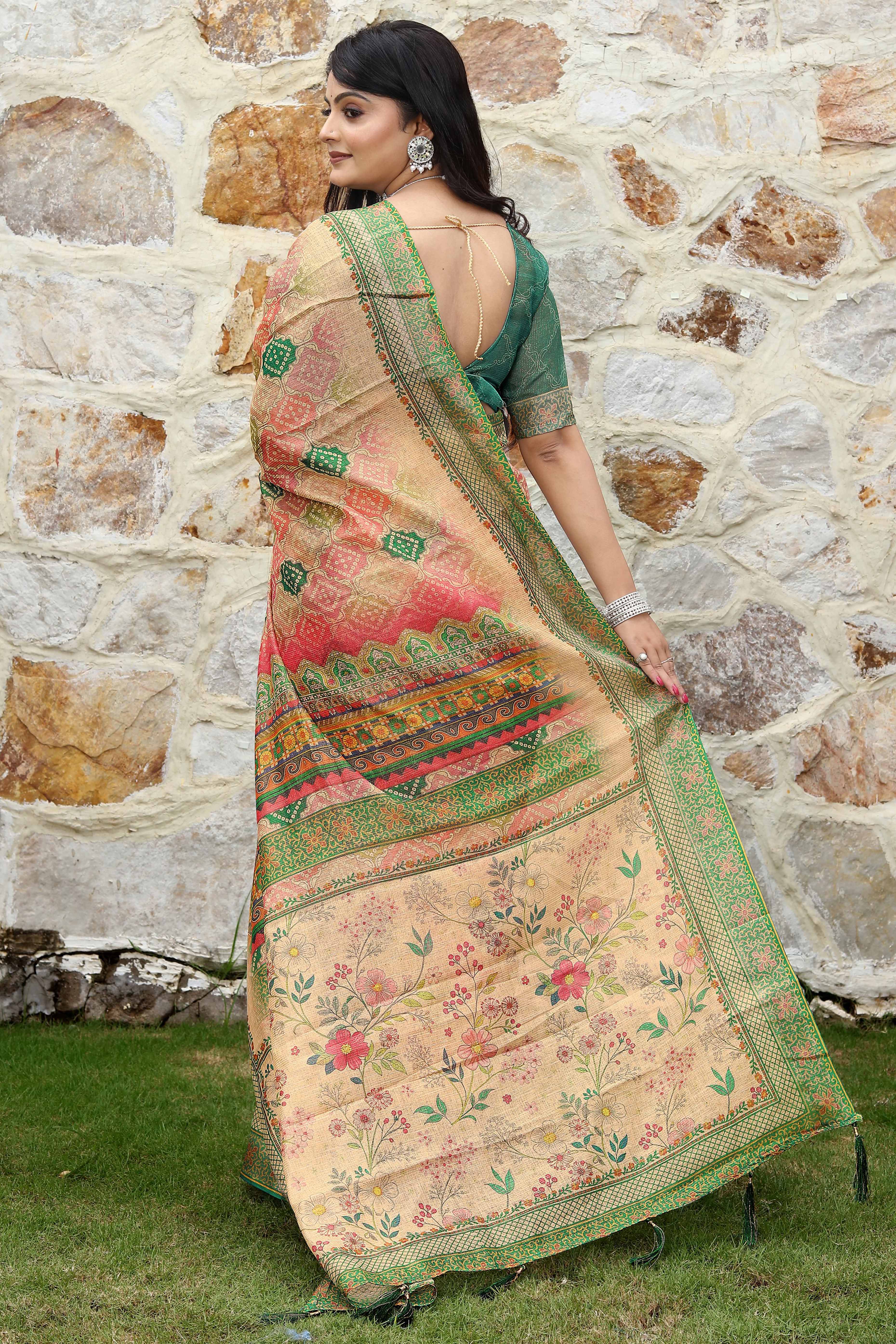 Beautiful Beige Tissue Handloom Saree with Detailed Digital Floral Embellishments