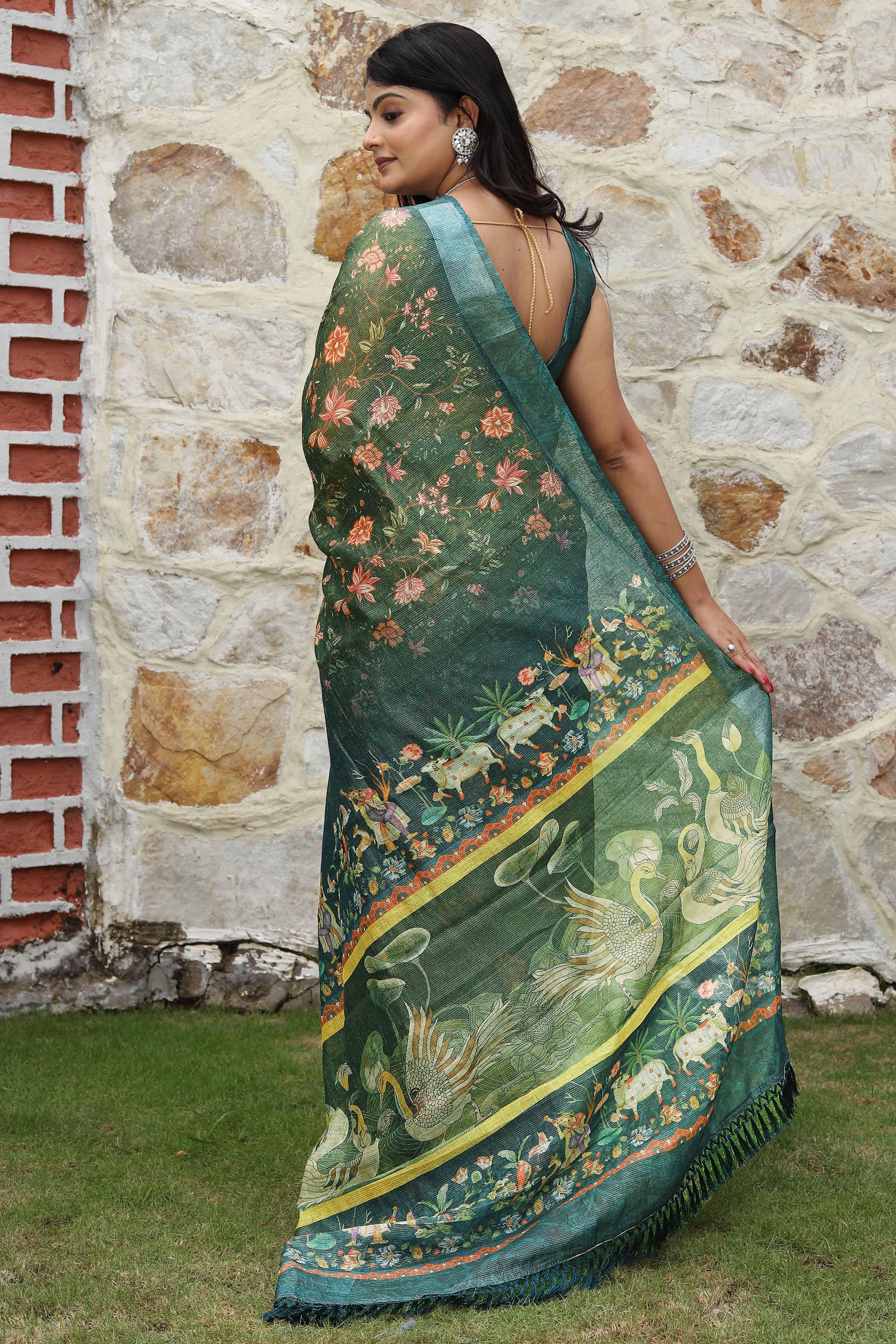 Beautiful GreenTissue Handloom Saree with Detailed Digital Floral Embellishments
