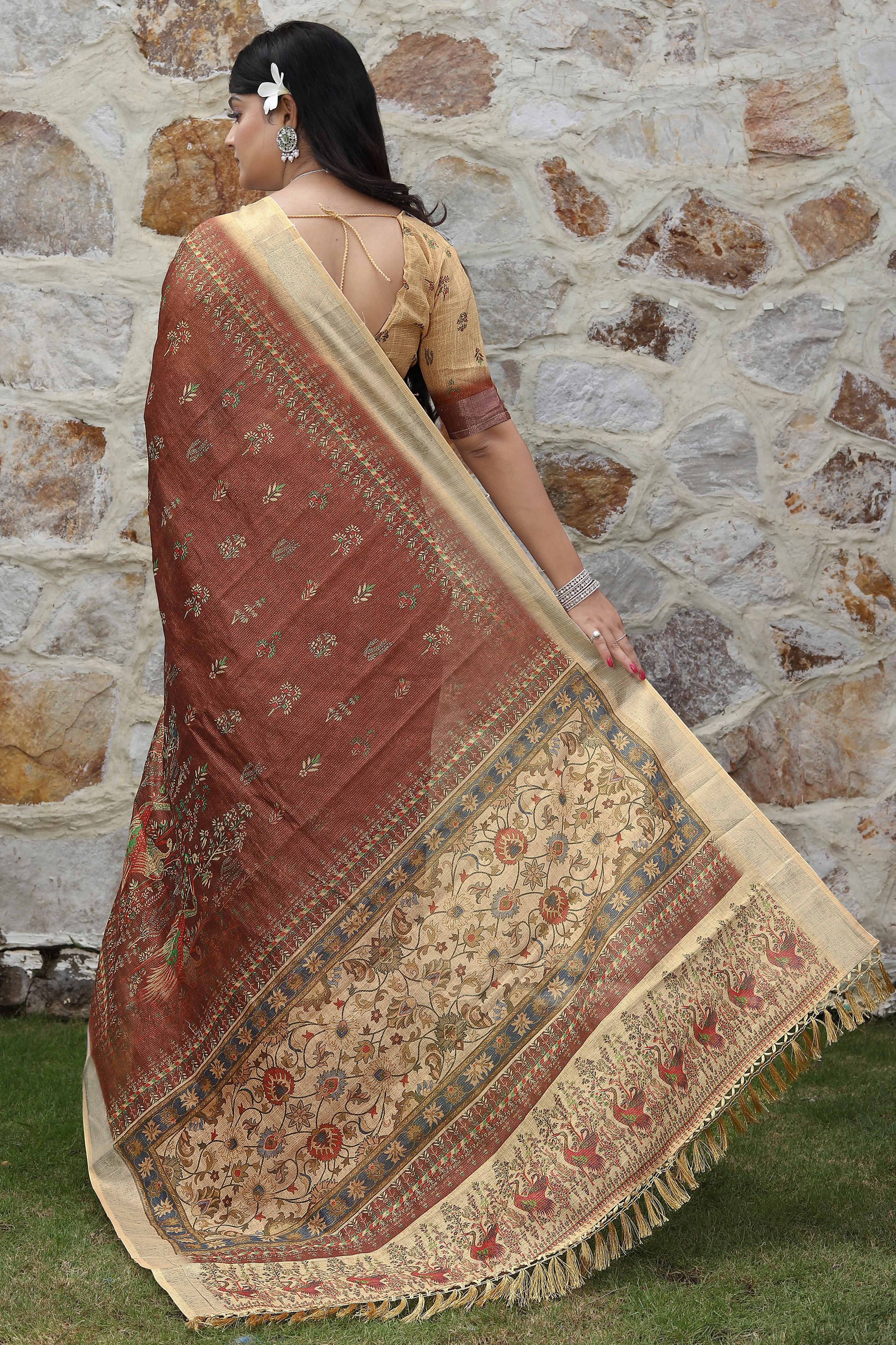 Beautiful Brown Tissue Handloom Saree with Detailed Digital Floral Embellishments