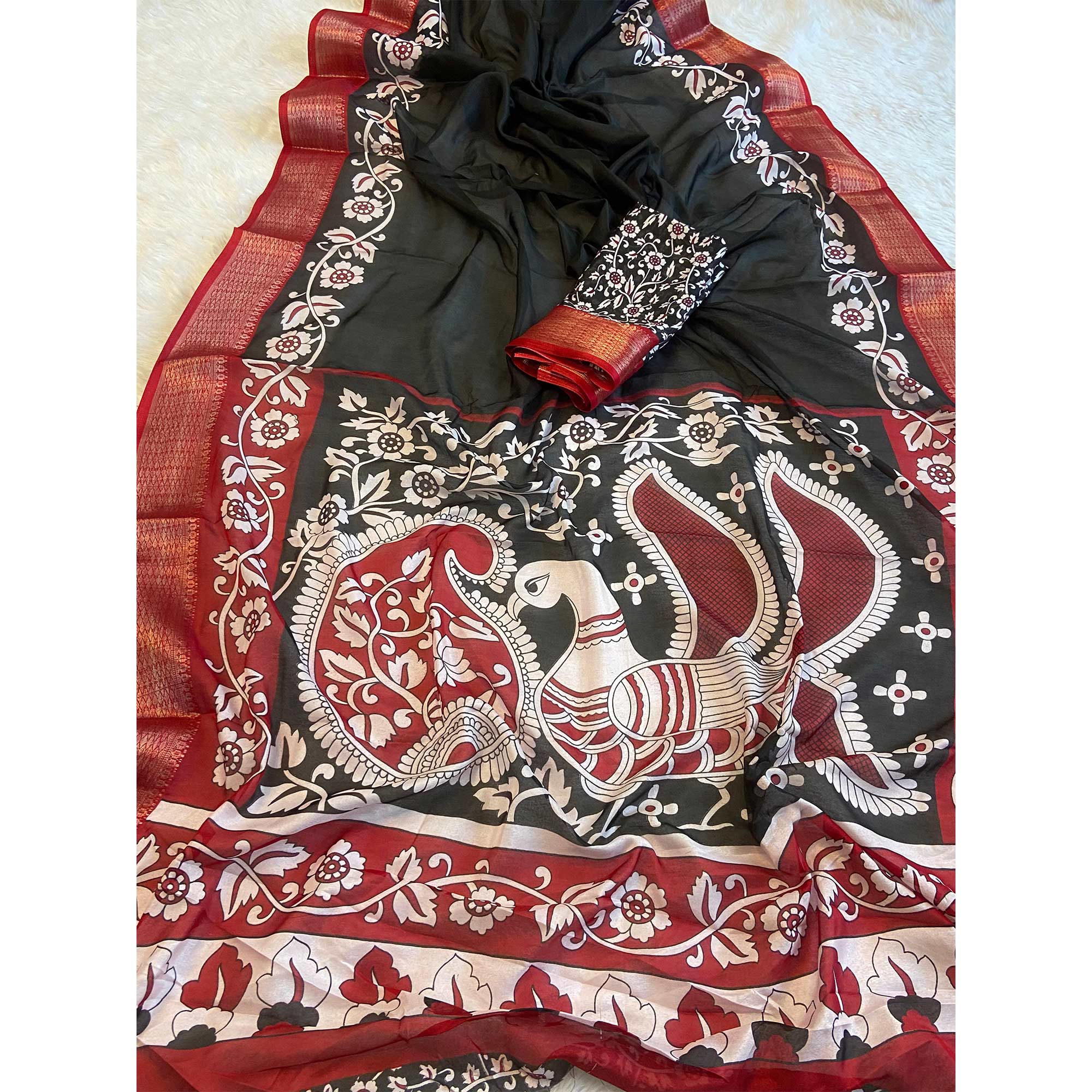 Black Floral Printed Dola Silk Saree With Zari Border