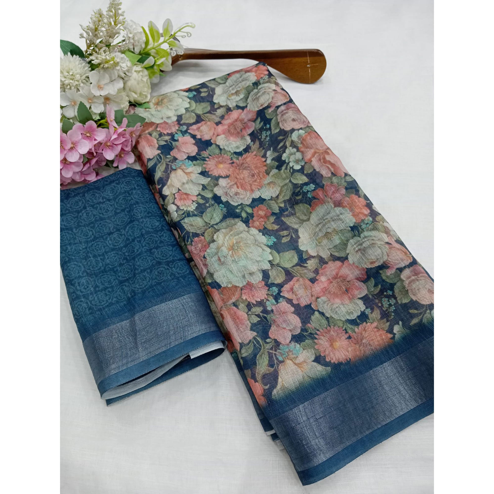 Blue Floral Digital Printed Linen Saree
