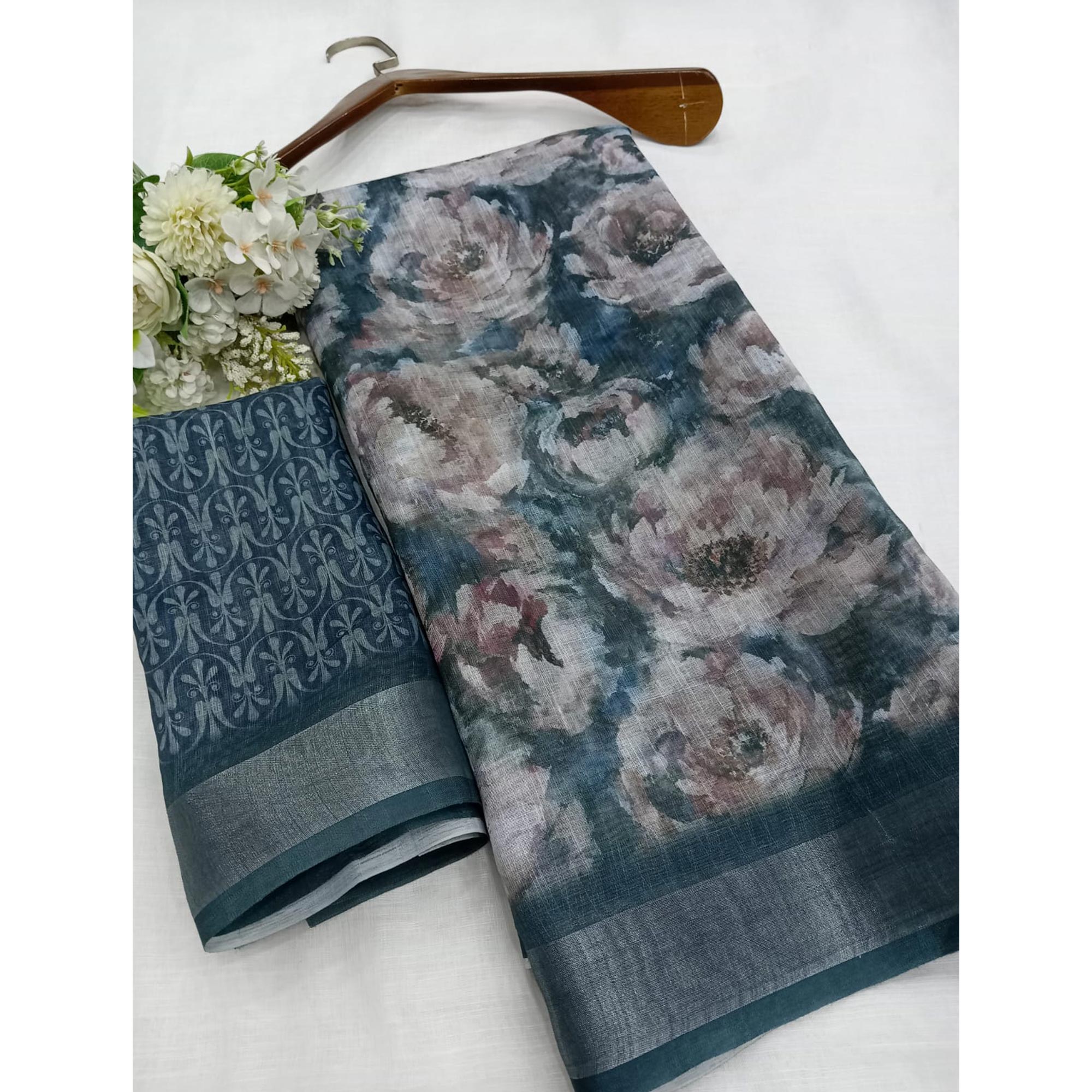 Grey Floral Digital Printed Linen Saree