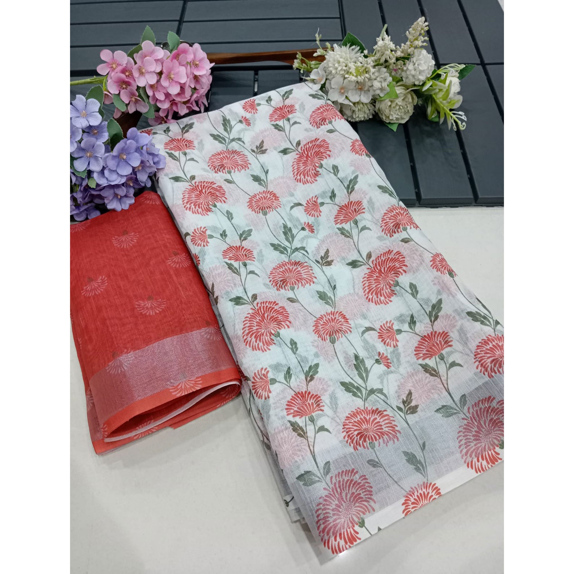 White & Red Floral Digital Printed Linen Saree