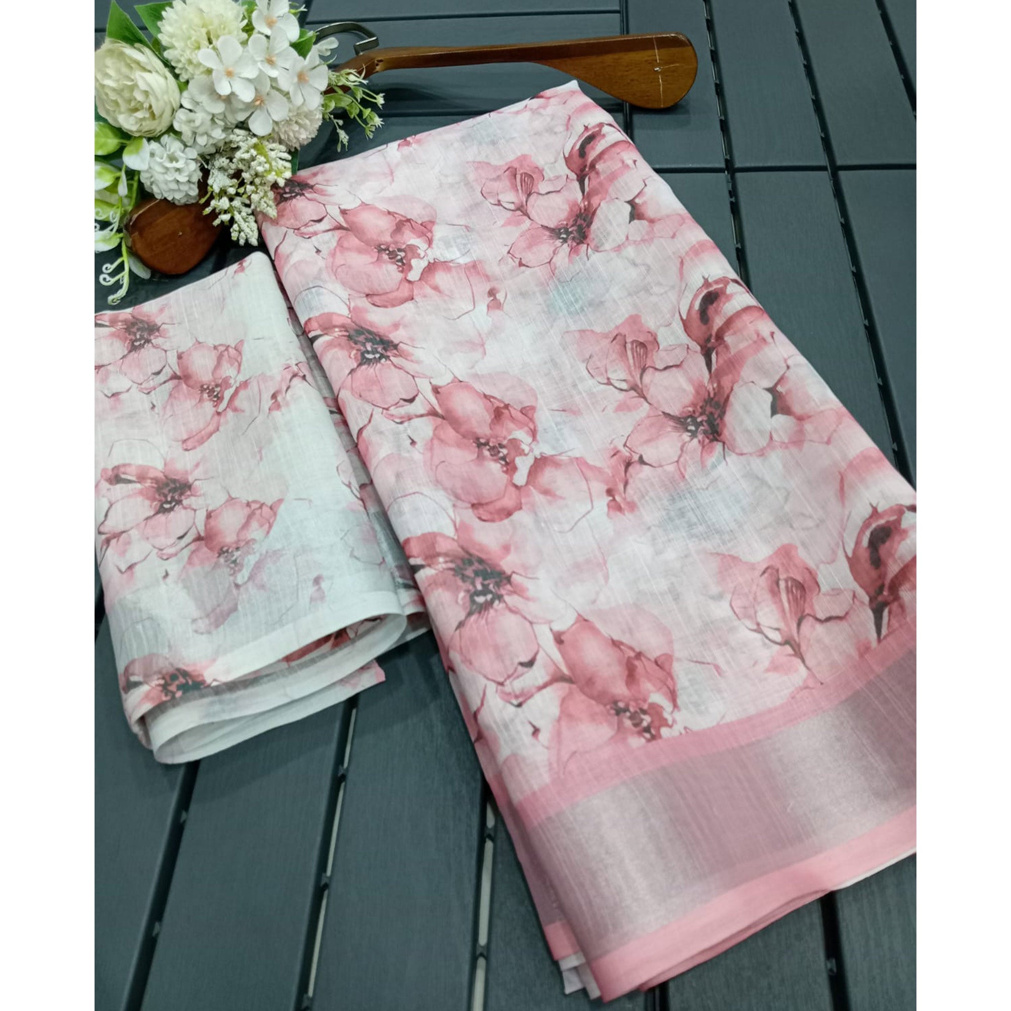 Peach Floral Digital Printed Linen Saree