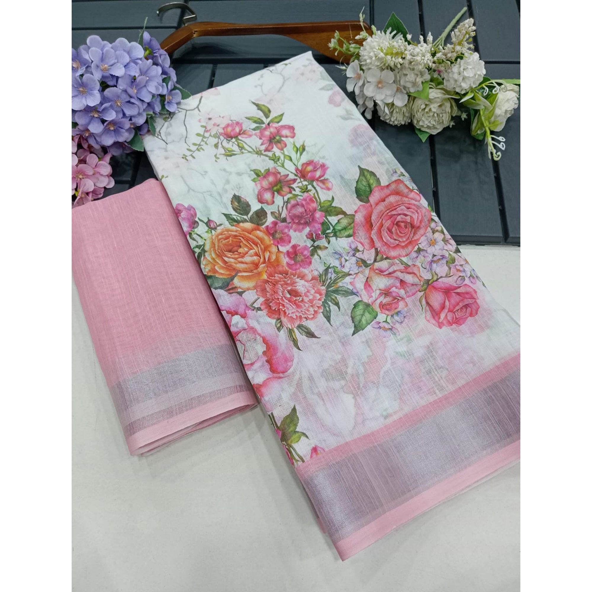 White & Pink Floral Digital Printed Linen Saree