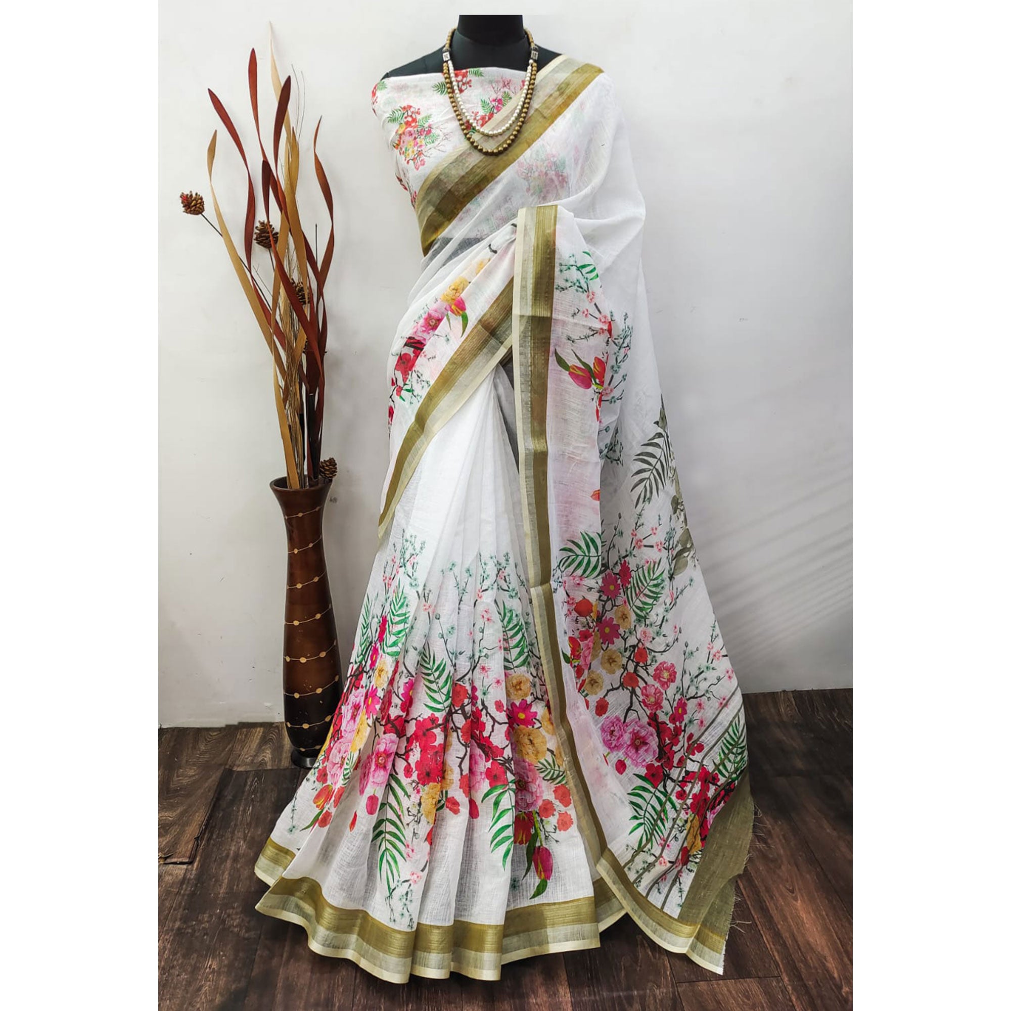 White Floral Digital Printed Linen Saree