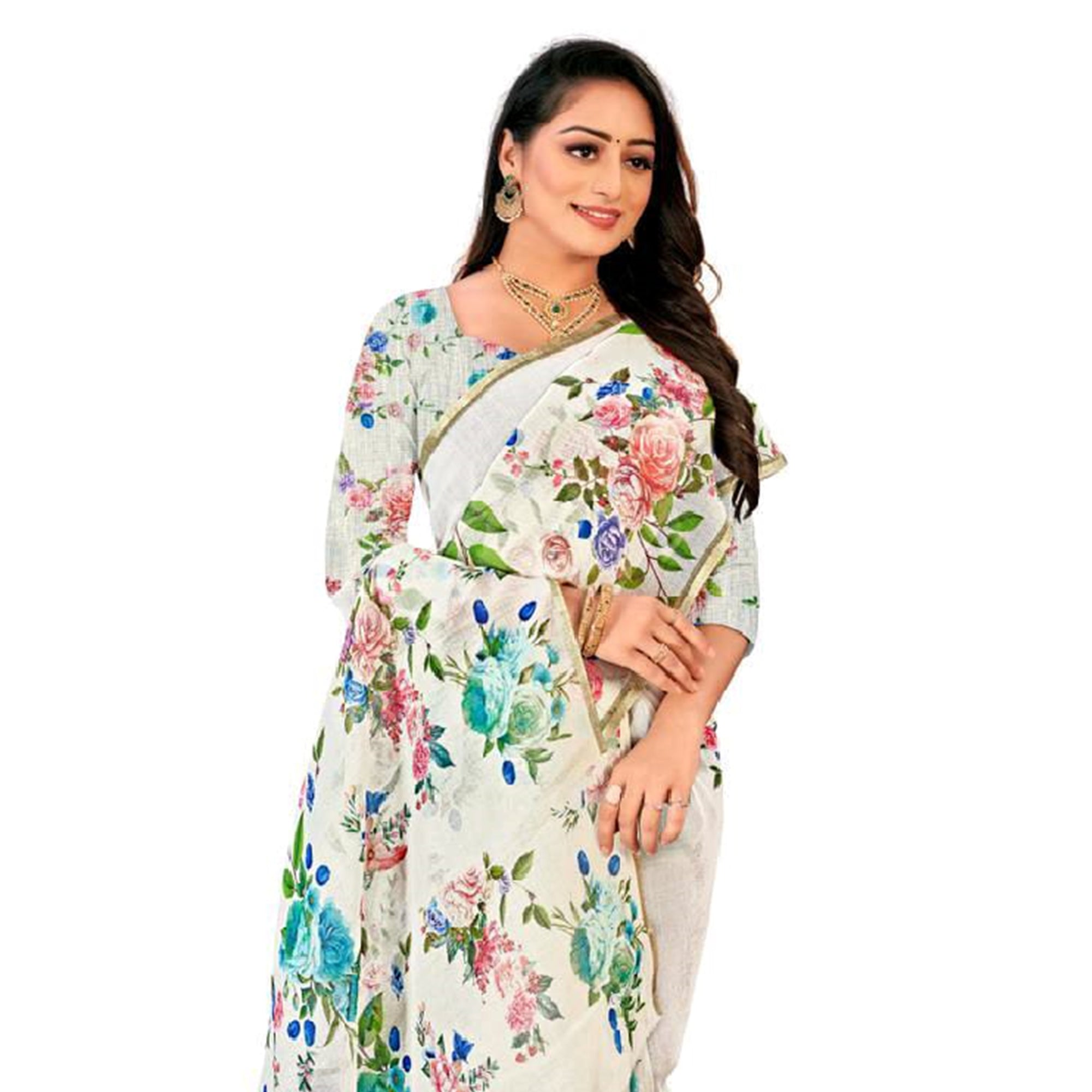 White Floral Digital Printed Linen Saree