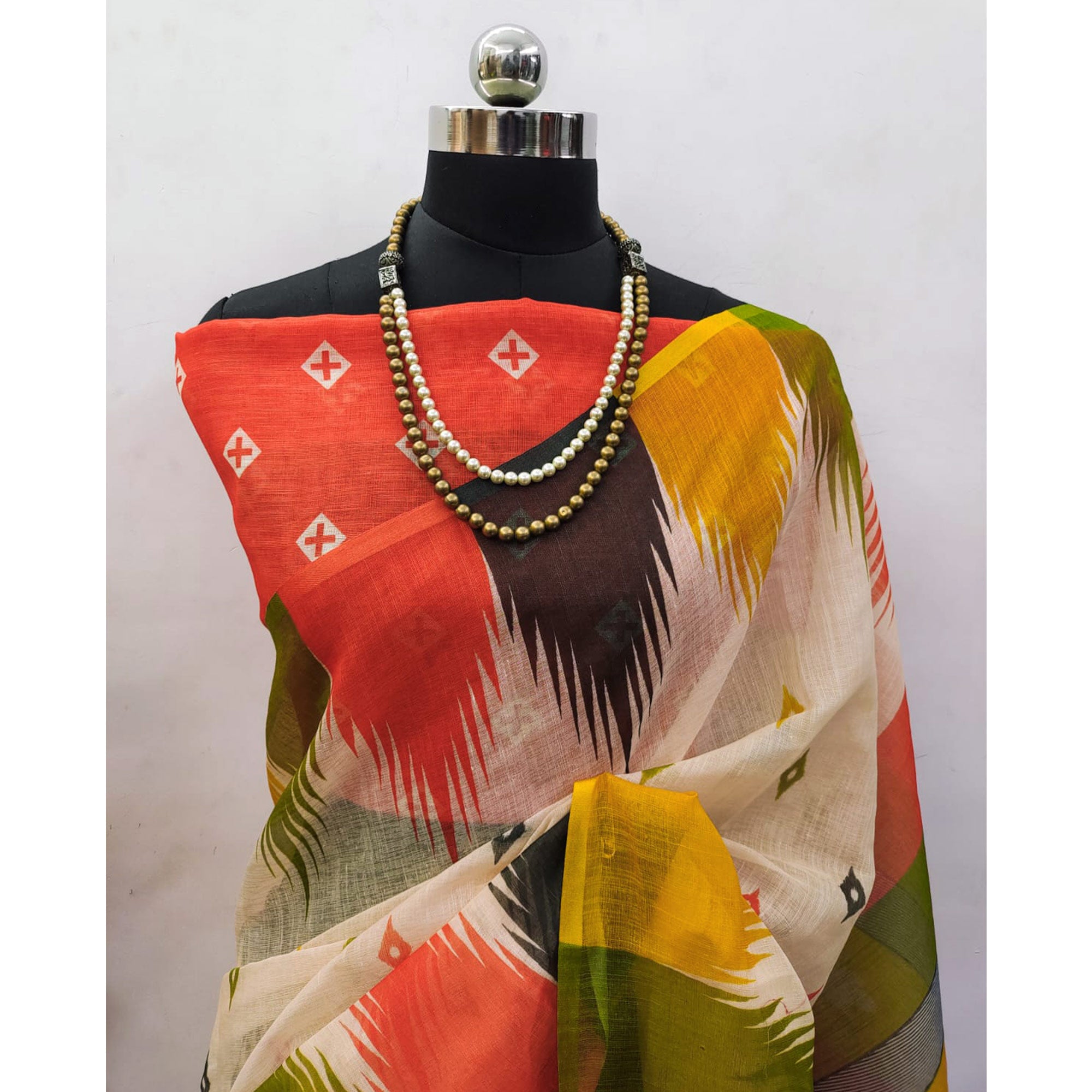 Classic Cream Linen Cotton Drape Featuring Ikkat-Inspired Prints