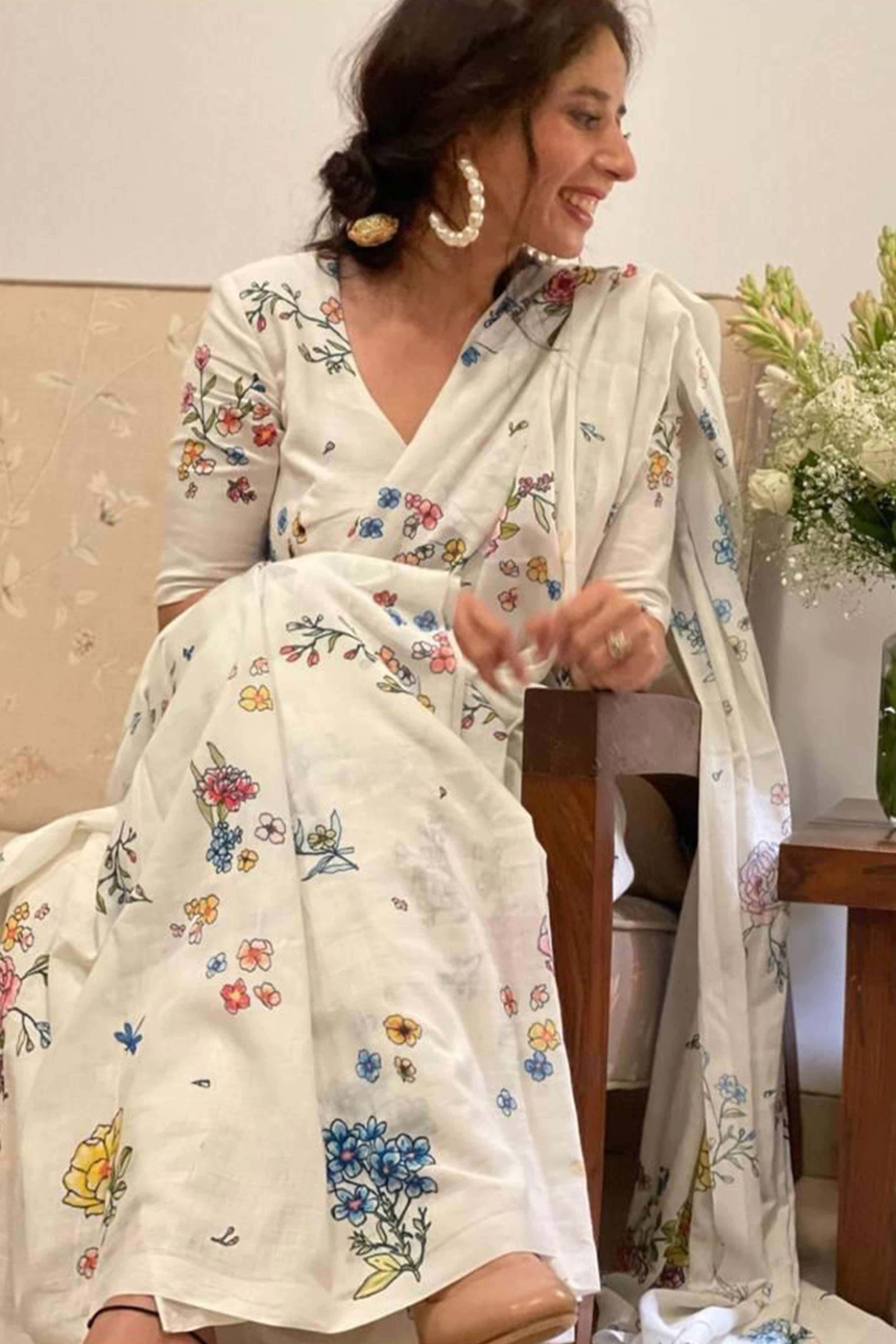 Classic Off White Linen Cotton Drape Featuring Floral Prints