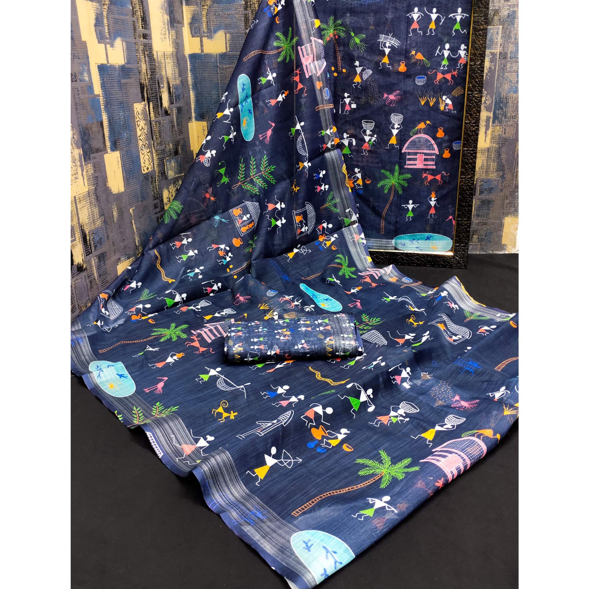 Blue Digital Printed Linen Saree