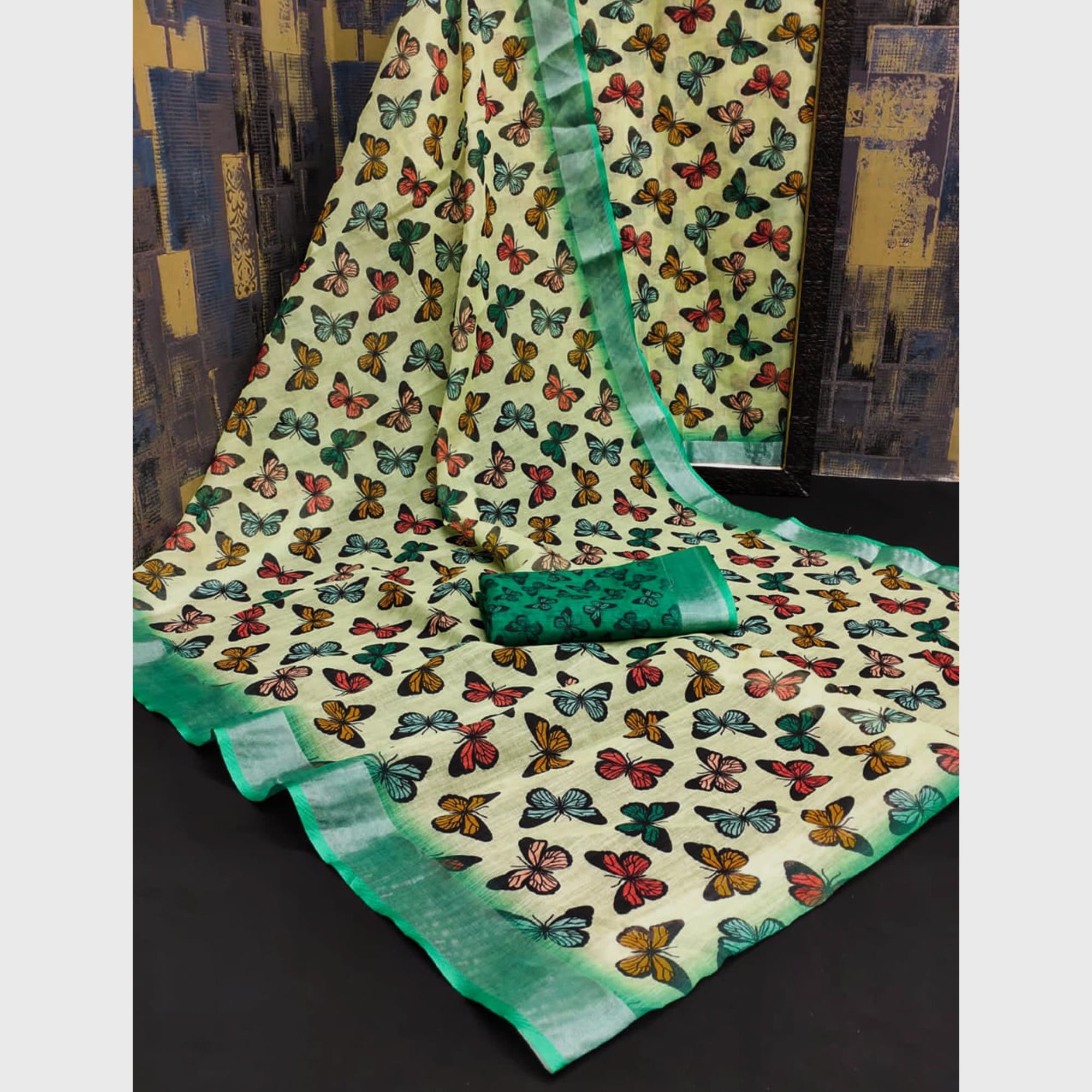 Yellow Digital Printed Linen Saree