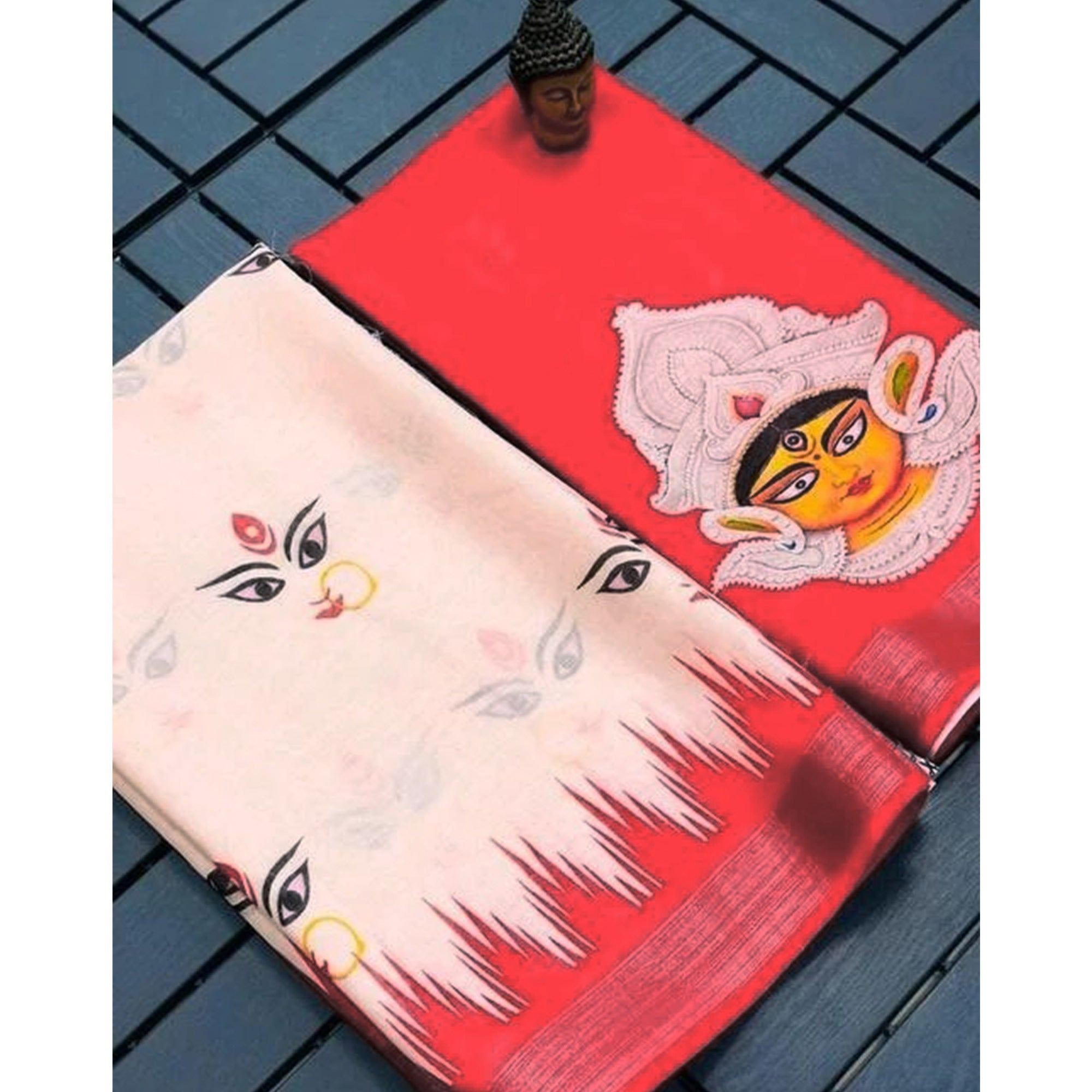 White & Red Goddest Printed Linen Saree