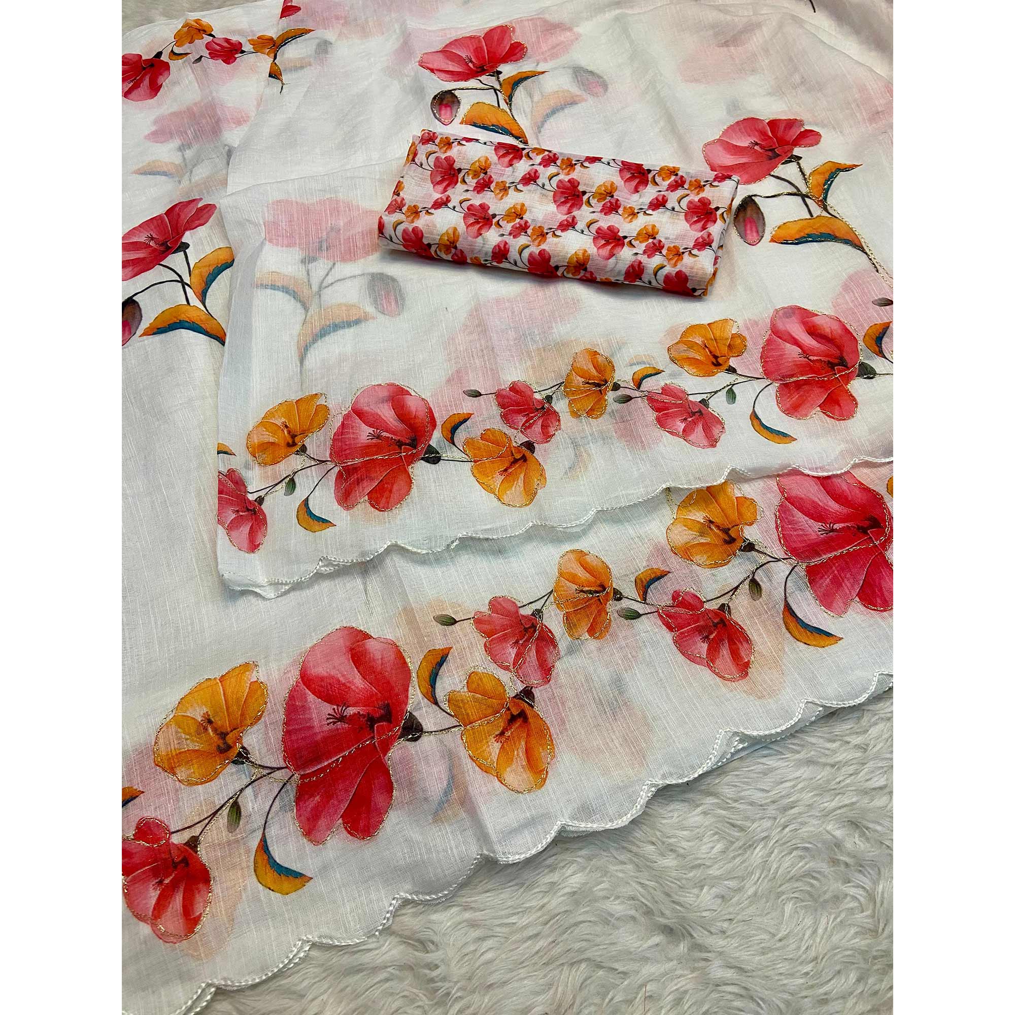 White Floral Printed Linen Saree
