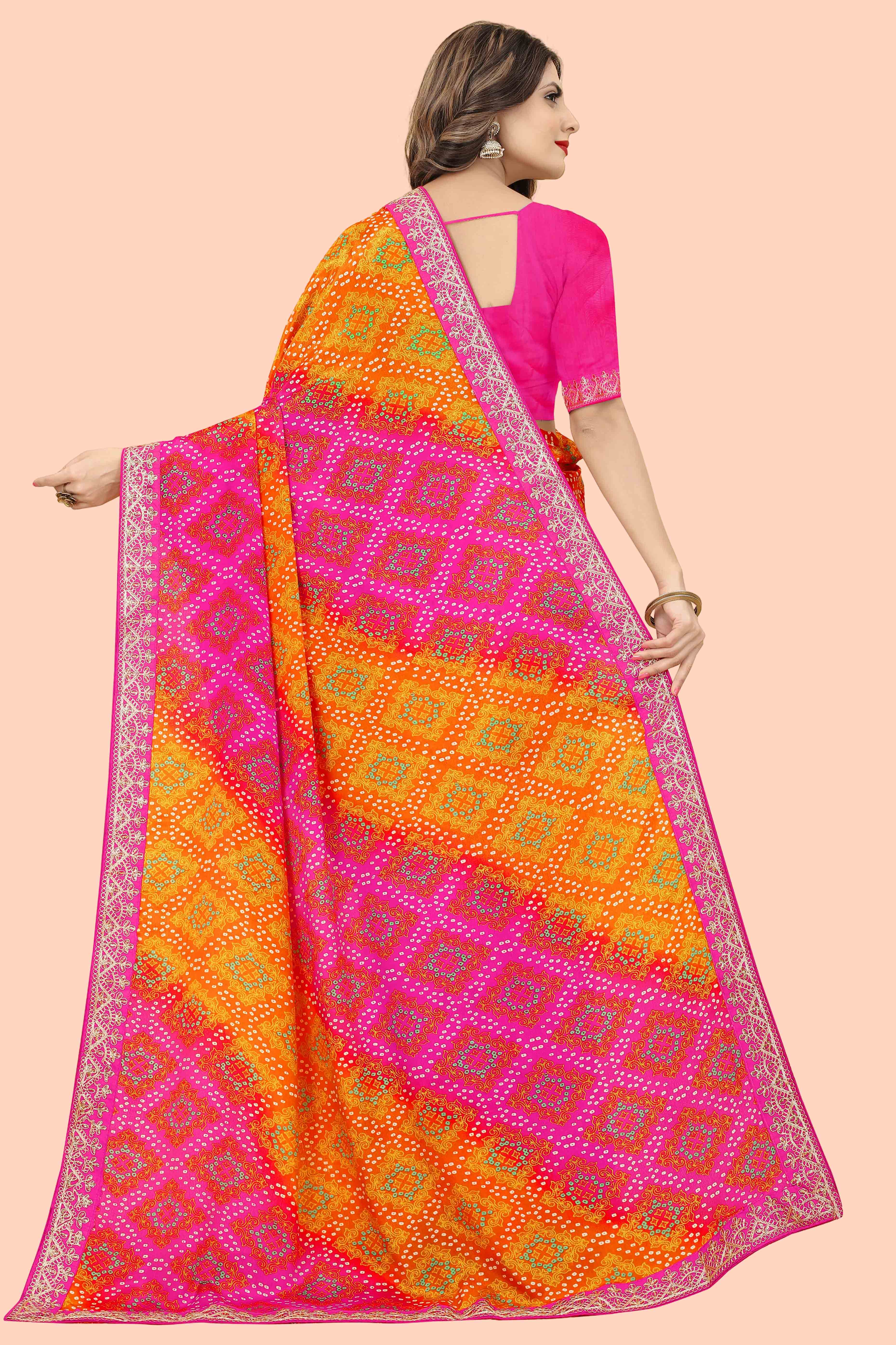 Pink & Orange Bandhani Printed Chinon Saree
