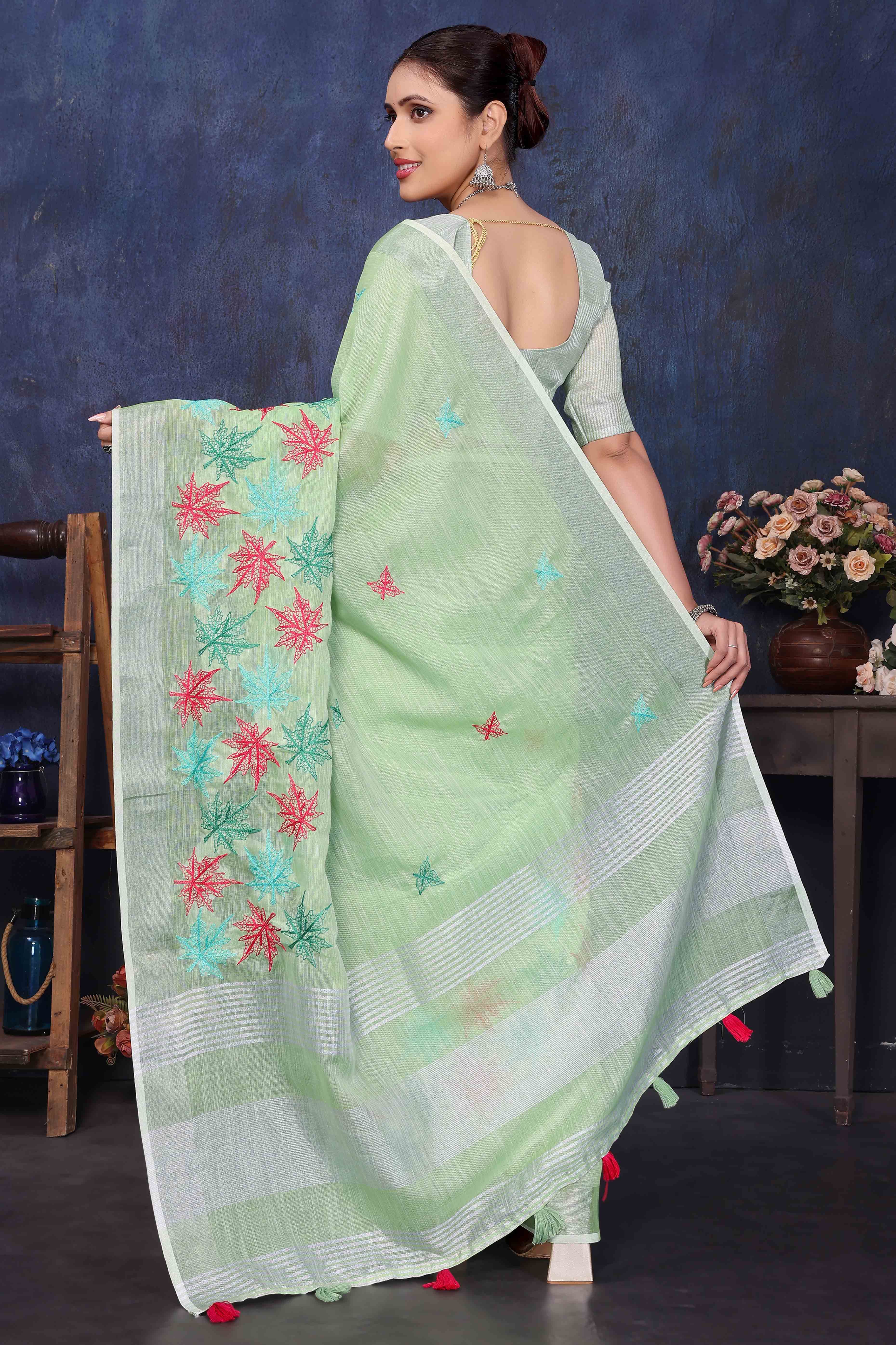 Green Floral Embroidered Cotton Silk Saree