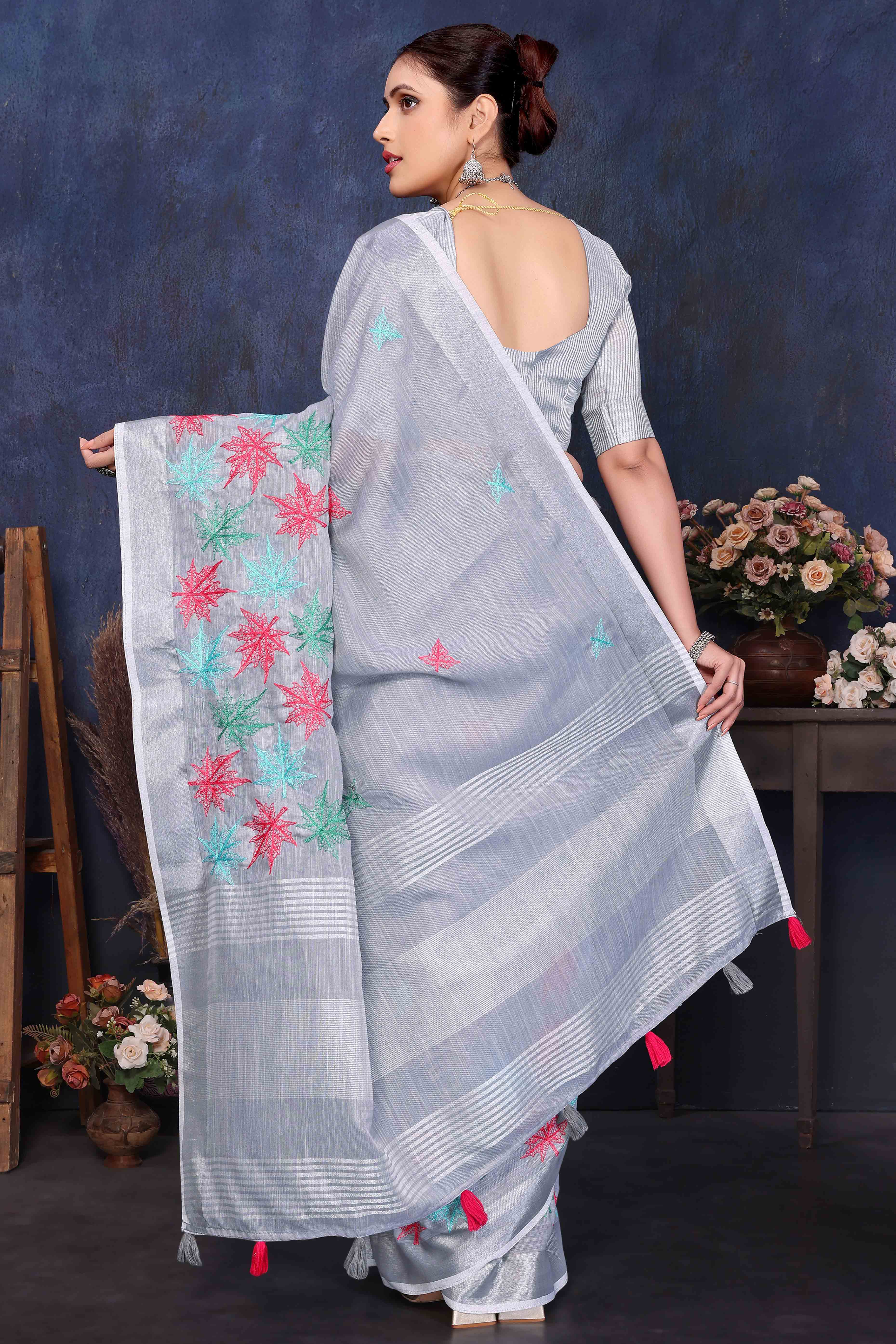 Grey Floral Embroidered Cotton Silk Saree