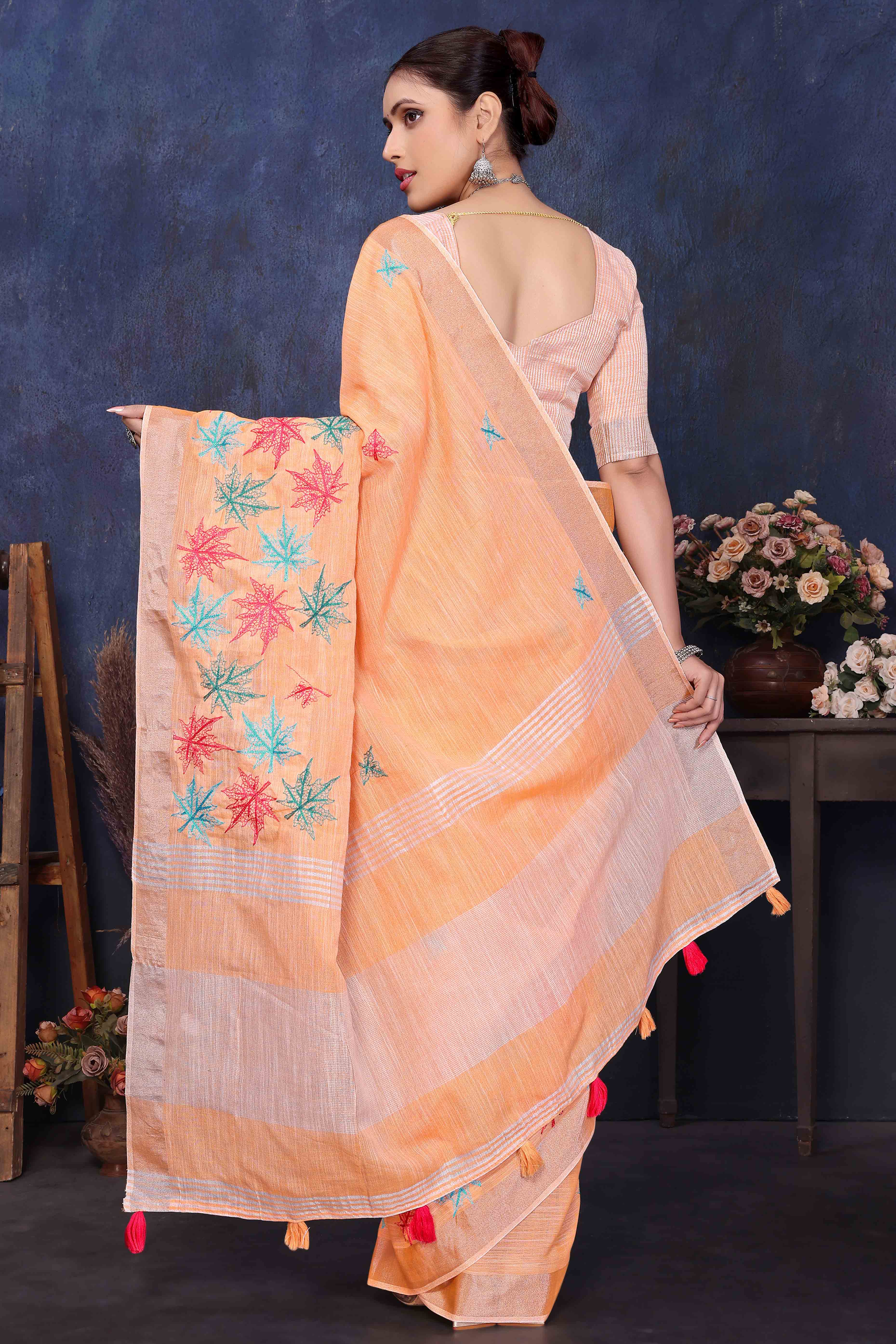 Orange Floral Embroidered Cotton Silk Saree