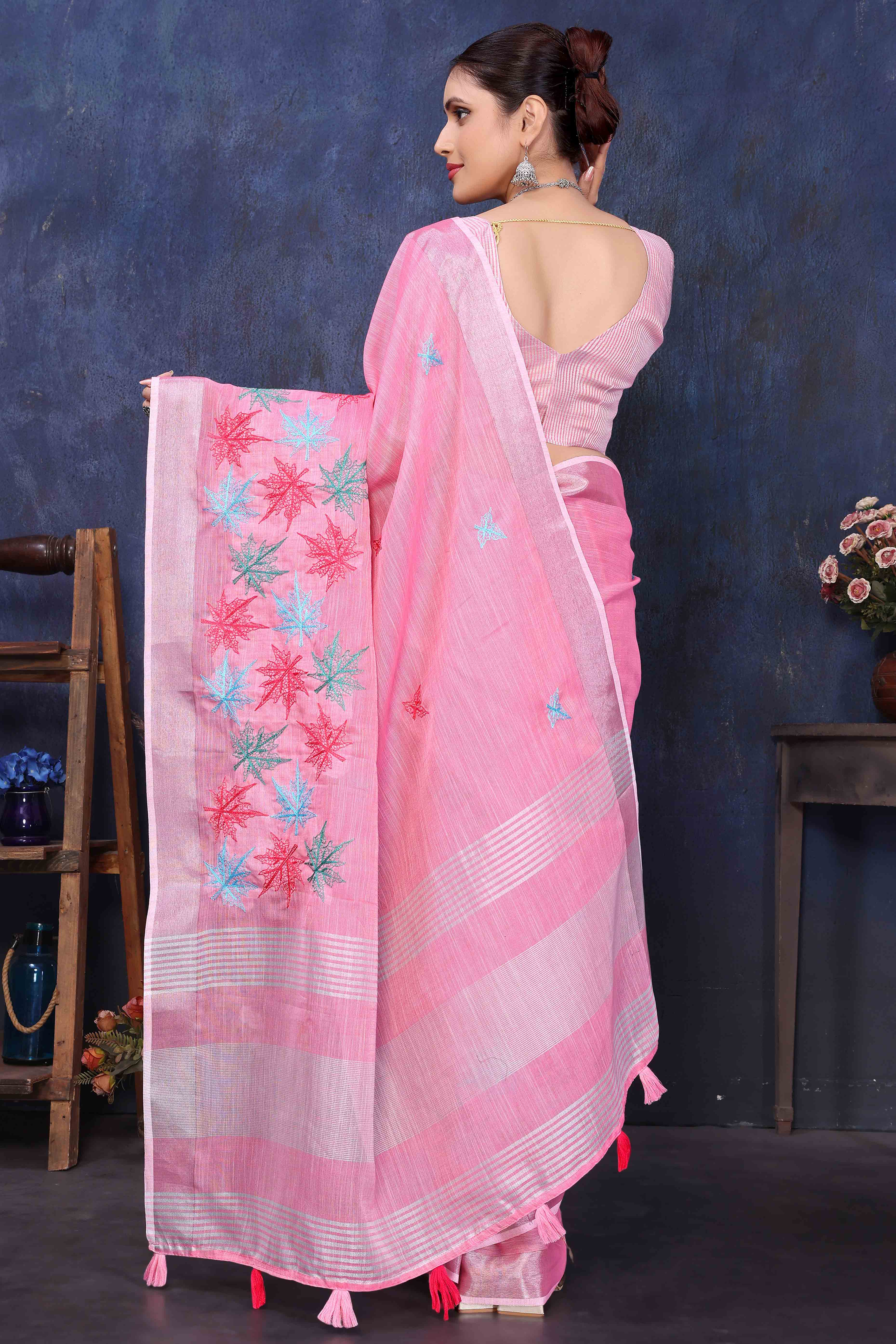 Pink Floral Embroidered Cotton Silk Saree