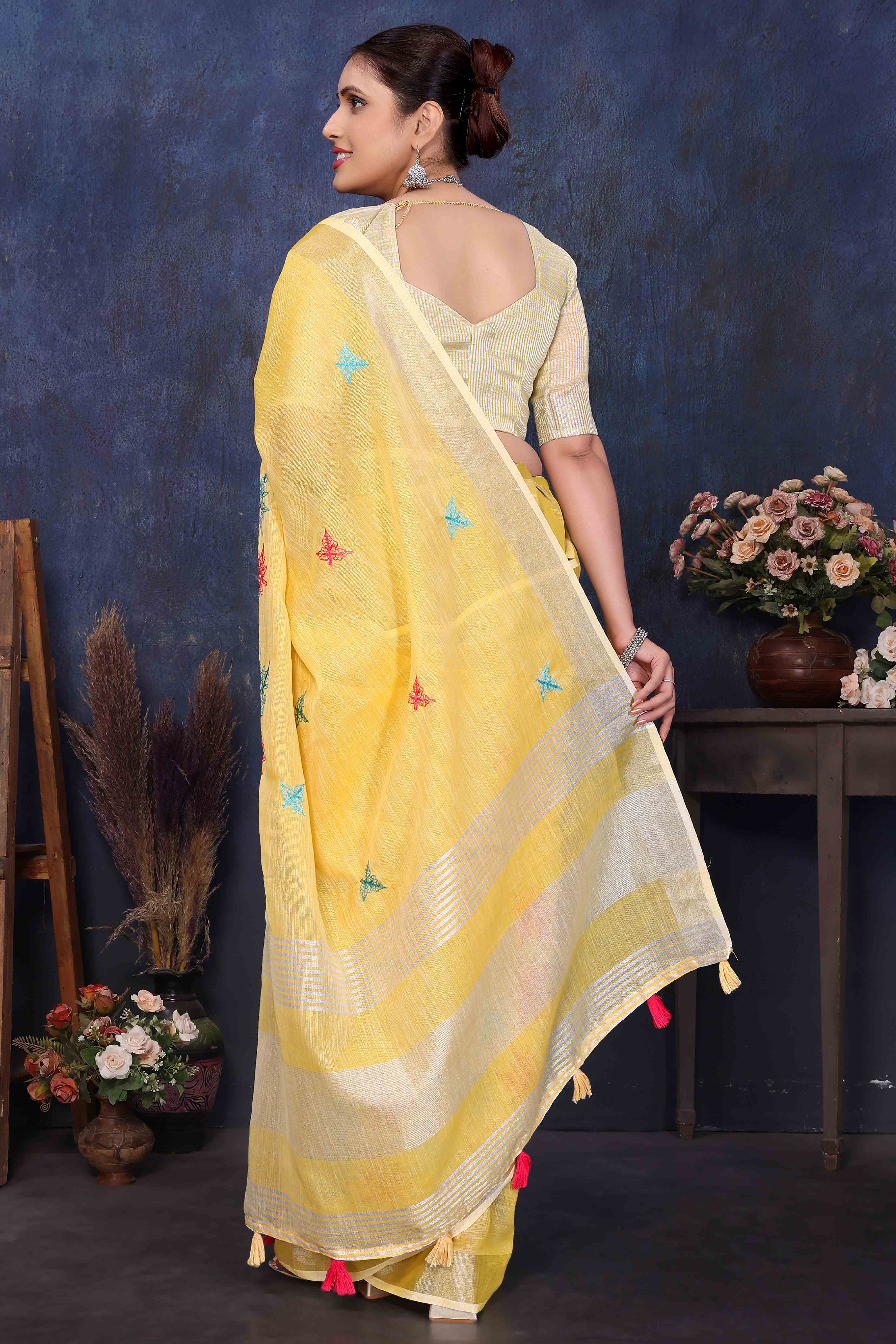 Yellow Floral Embroidered Cotton Silk Saree