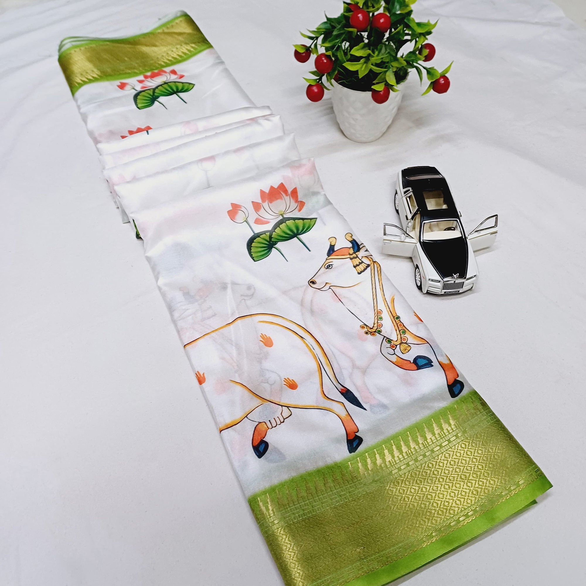 White Floral Printed Doal Silk Saree With Woven Broder