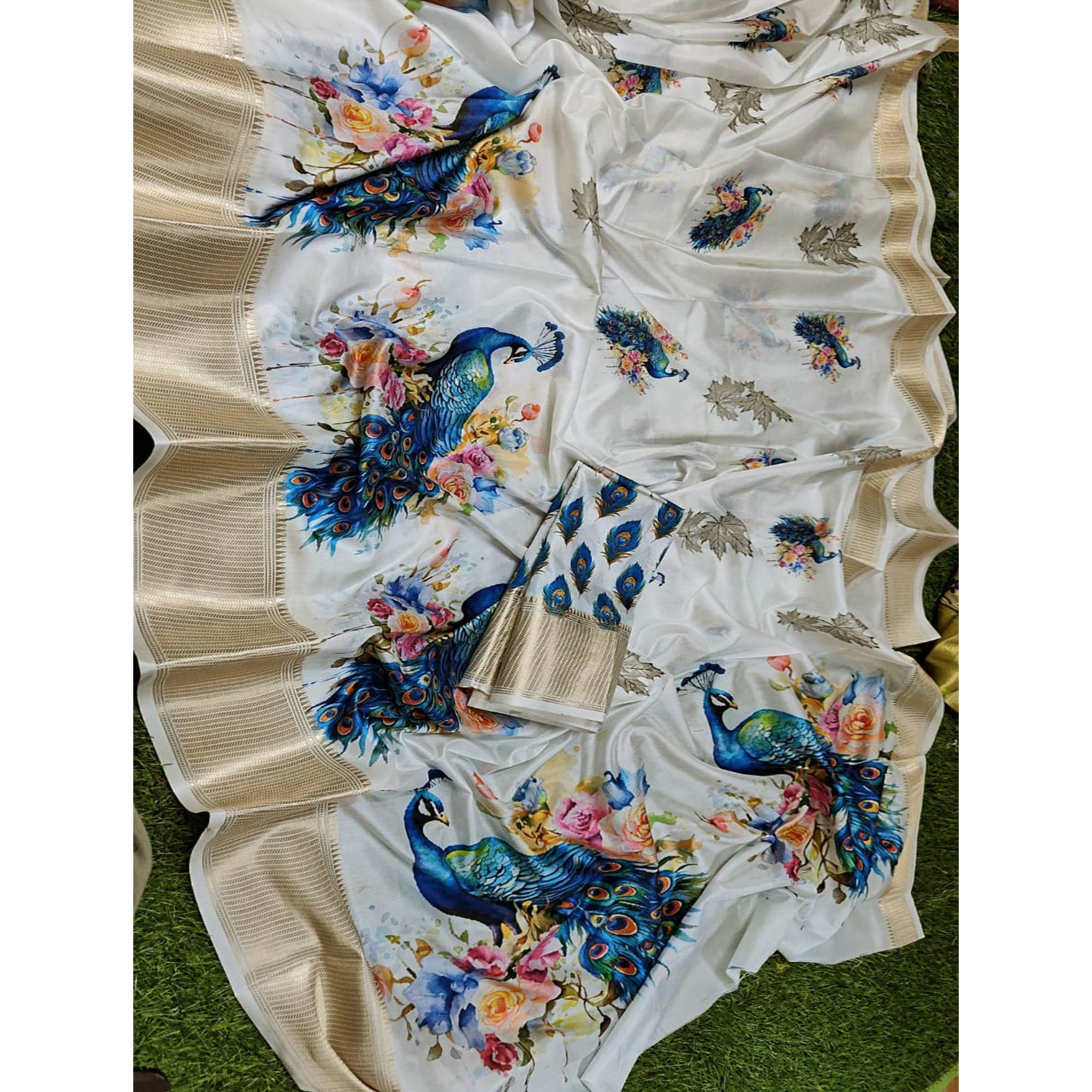 White & Blue Floral Printed Dola Silk Saree With Woven Broder