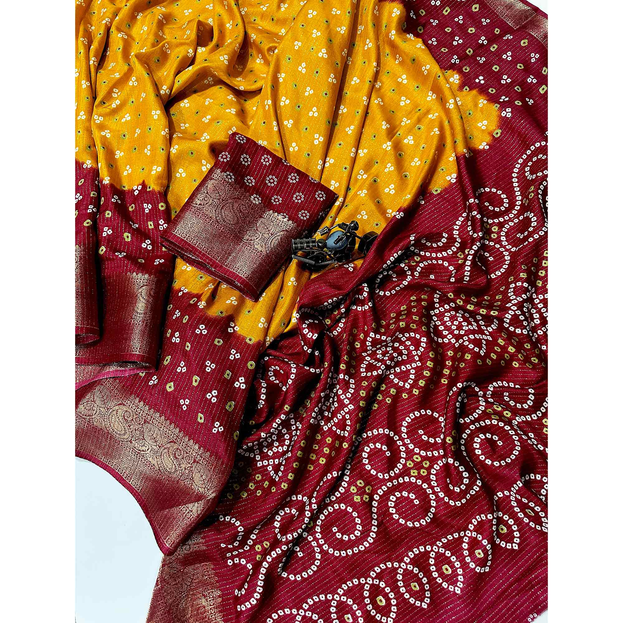 Mustard Saree in Dola Silk with All-Over Bandhani Print and Zari Highlights