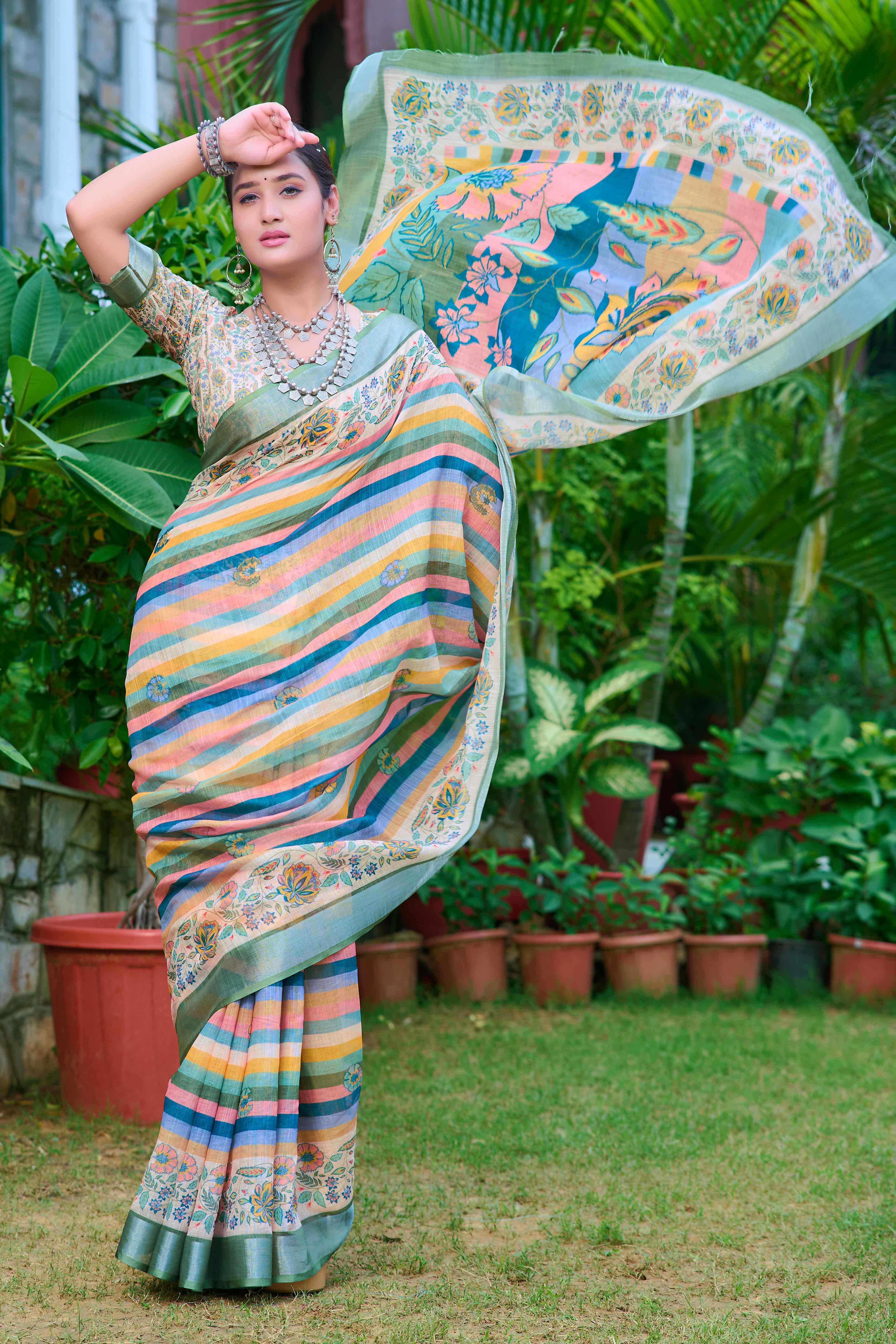 Beige Striped Printed Linen Saree
