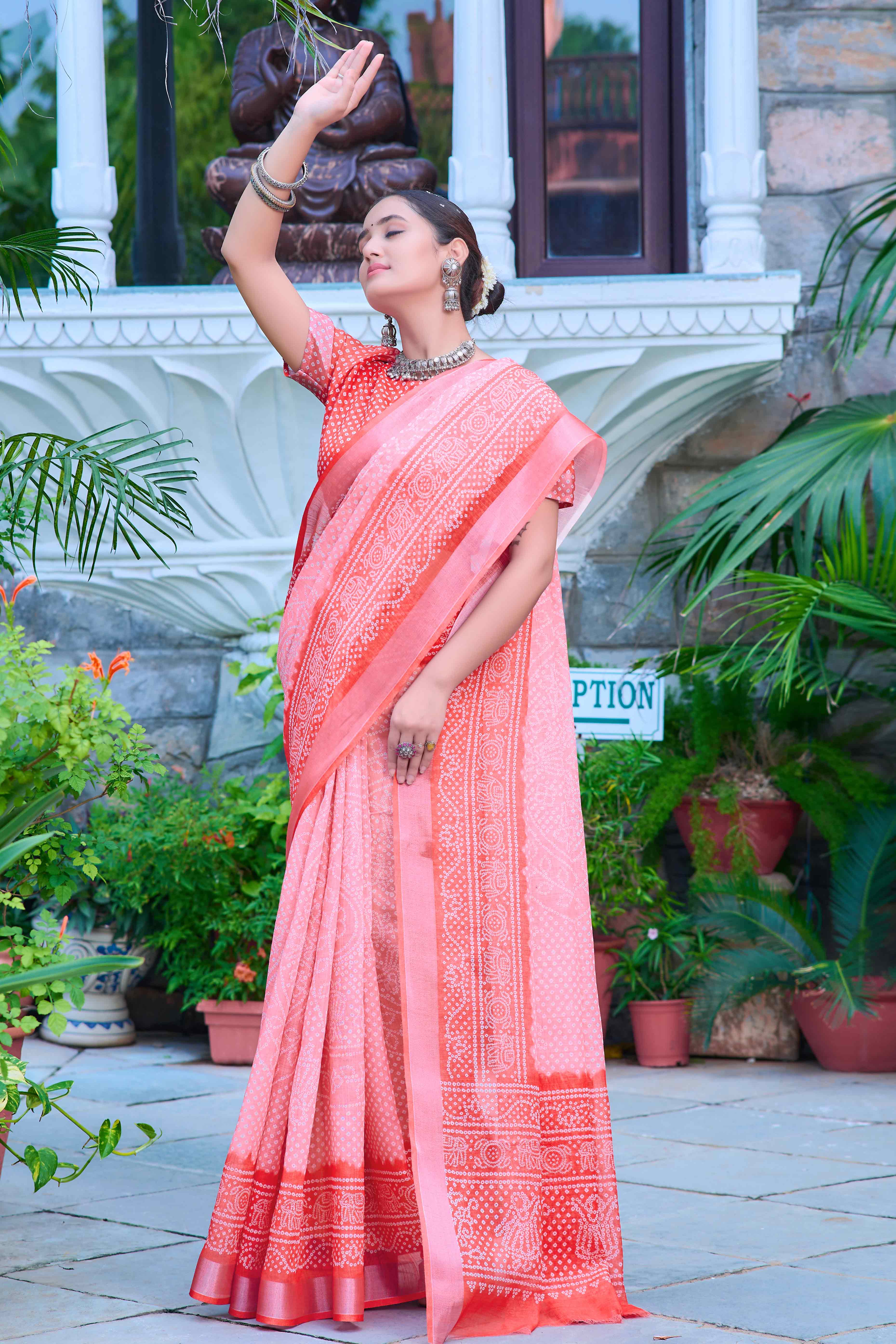 Gajri Pink Bandhani Printed Linen Saree