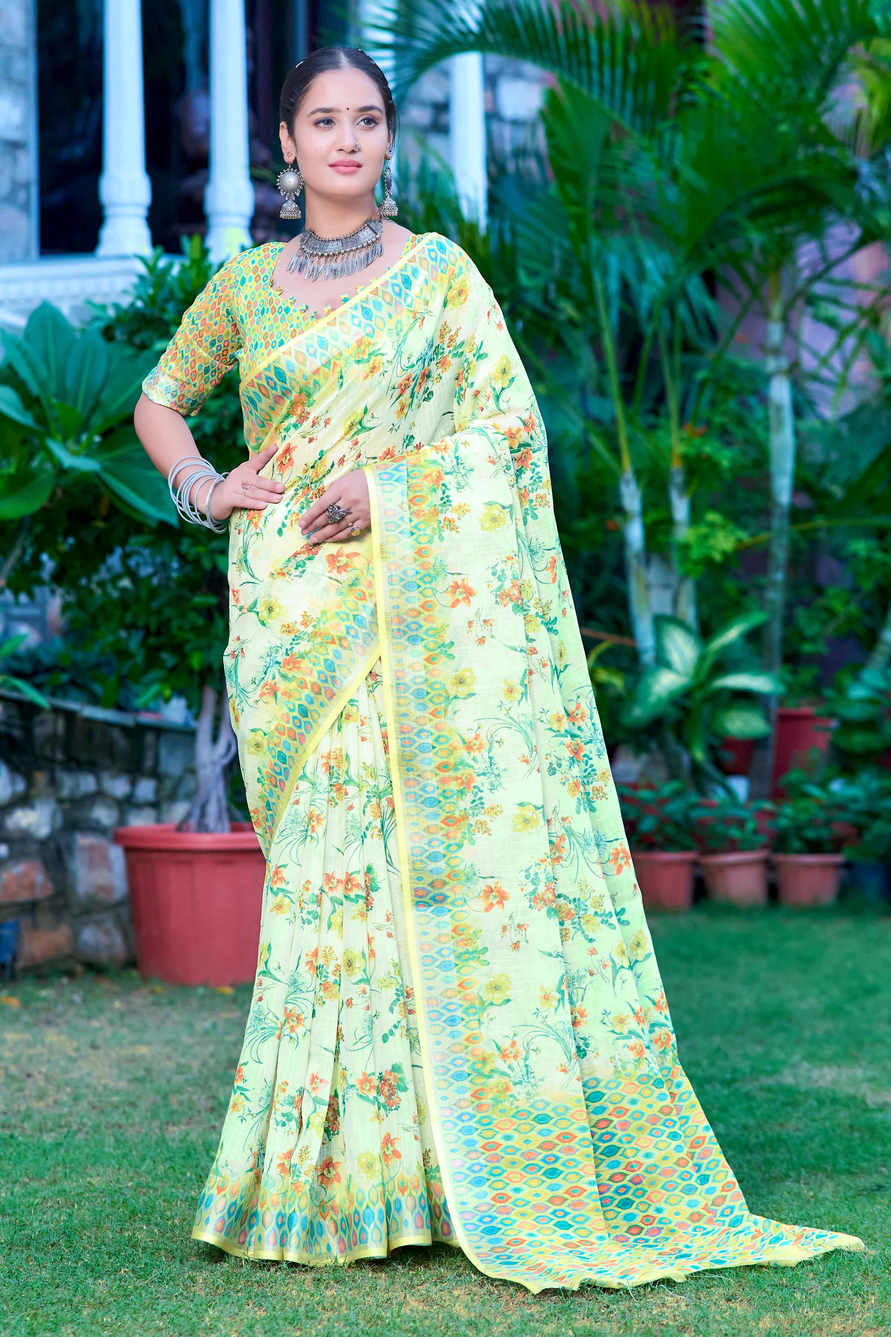 Green Floral Printed Linen Saree