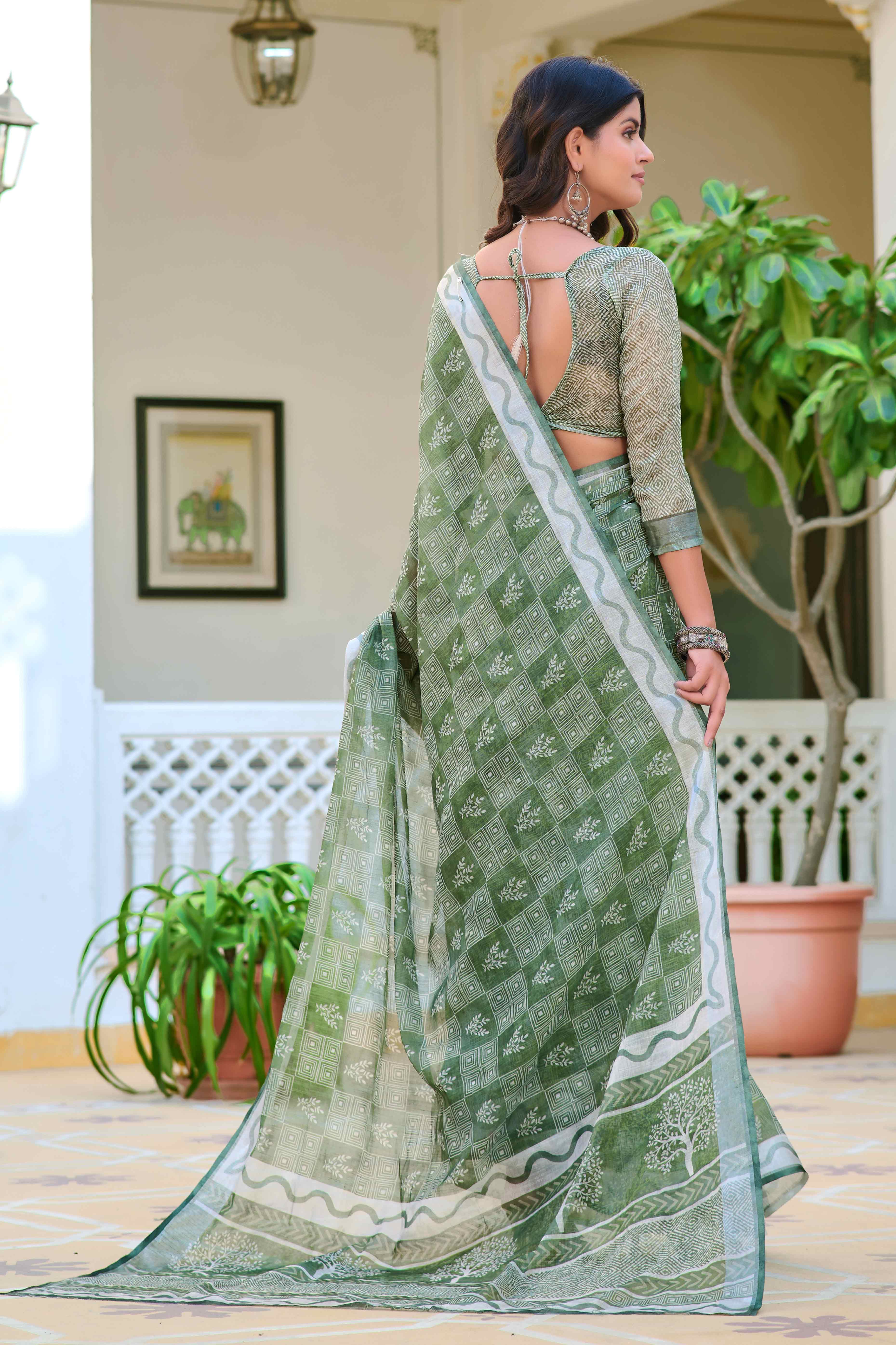 Light Green Floral Printed Linen Saree