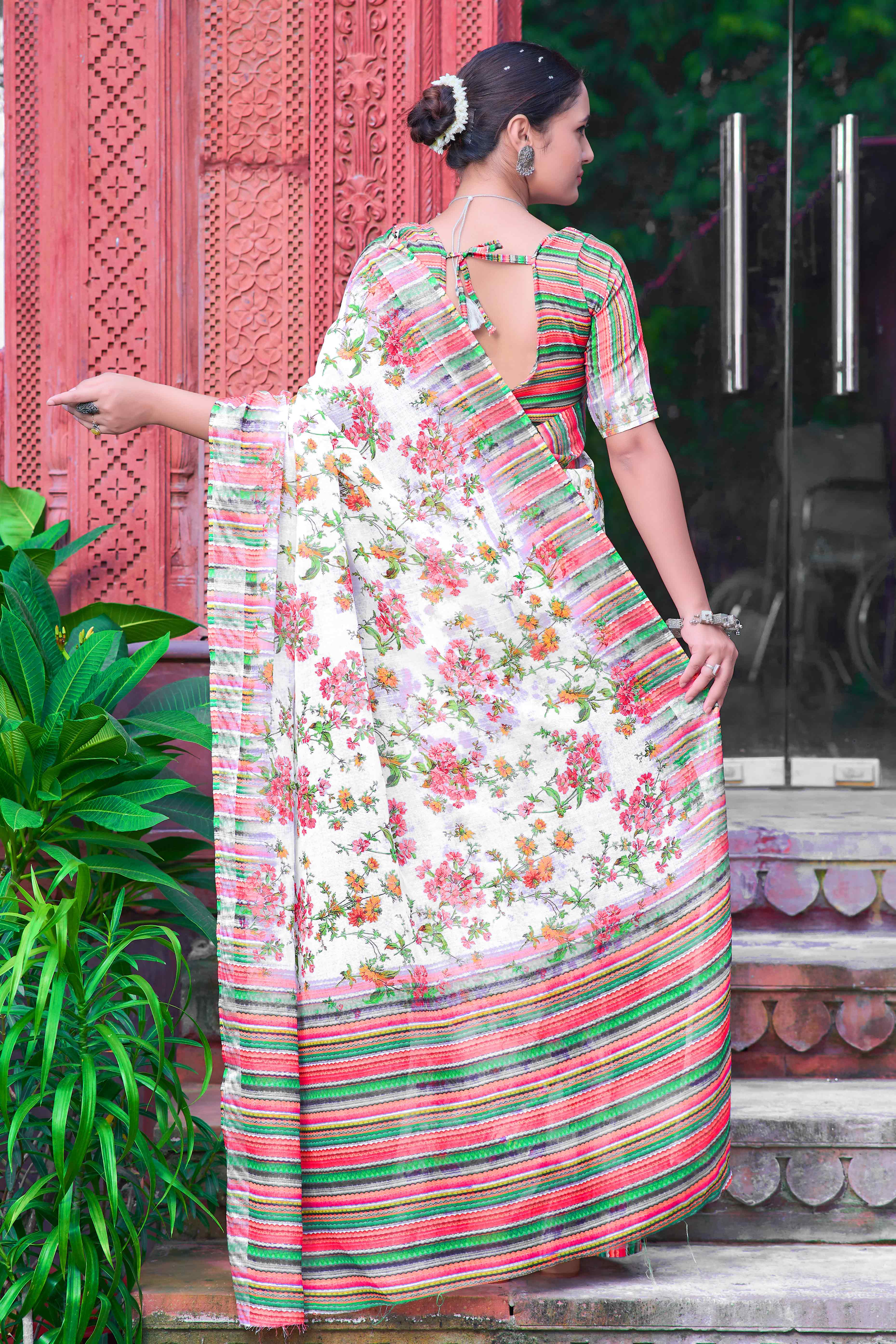 Off White Floral Printed Linen Saree