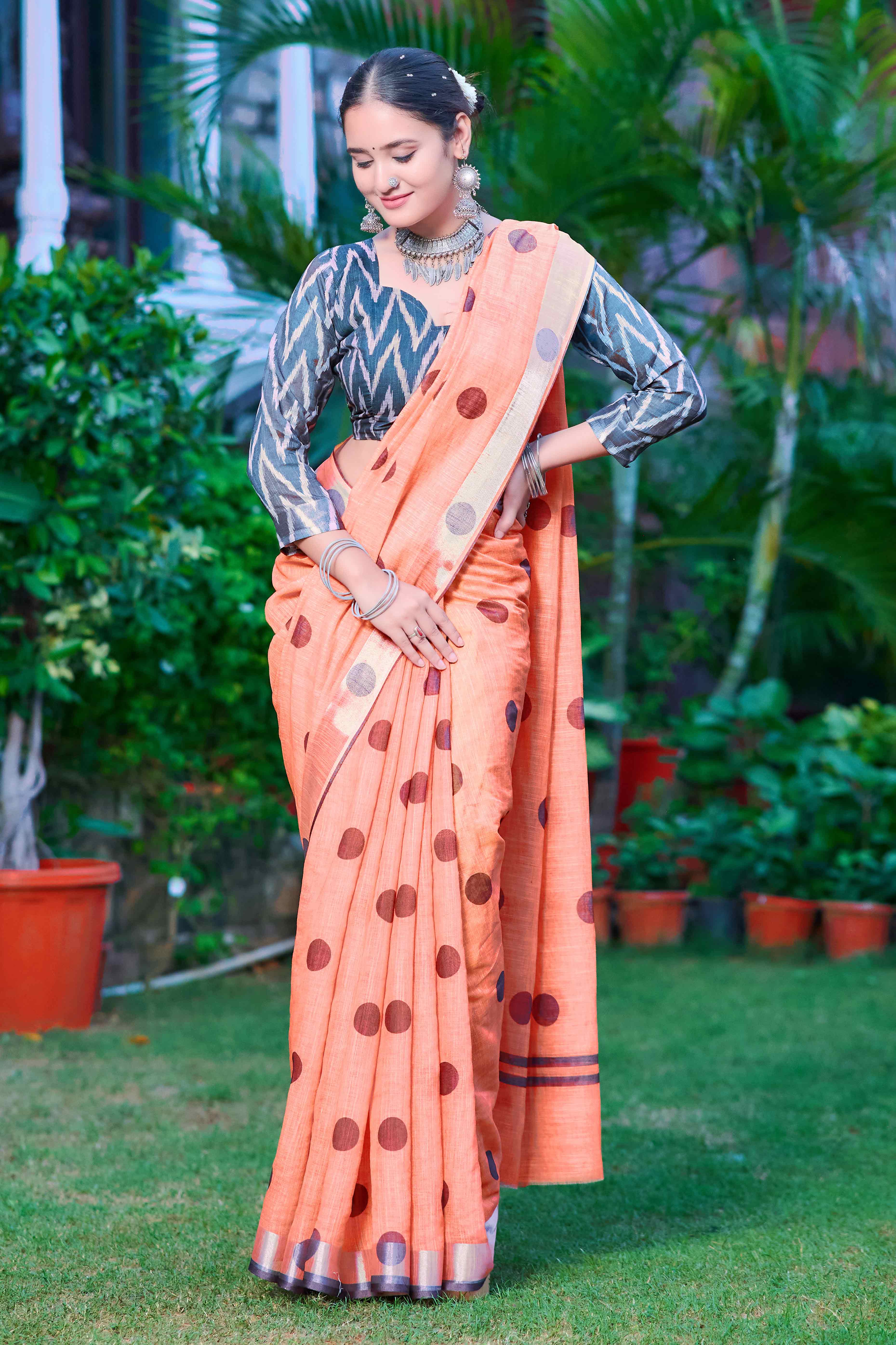 Peach Polka Dot Printed Linen Saree