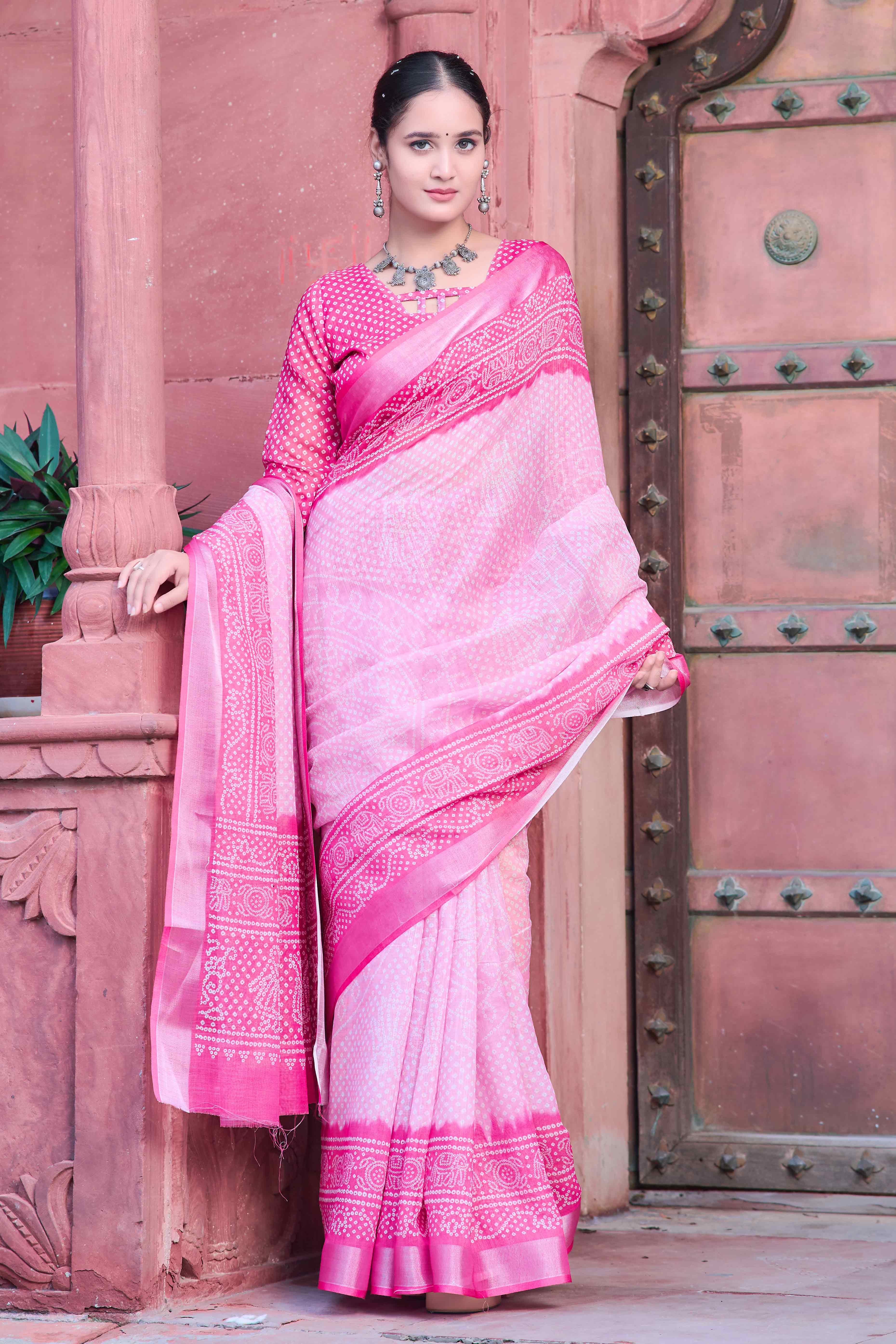 Pink Bandhani Printed Linen Saree